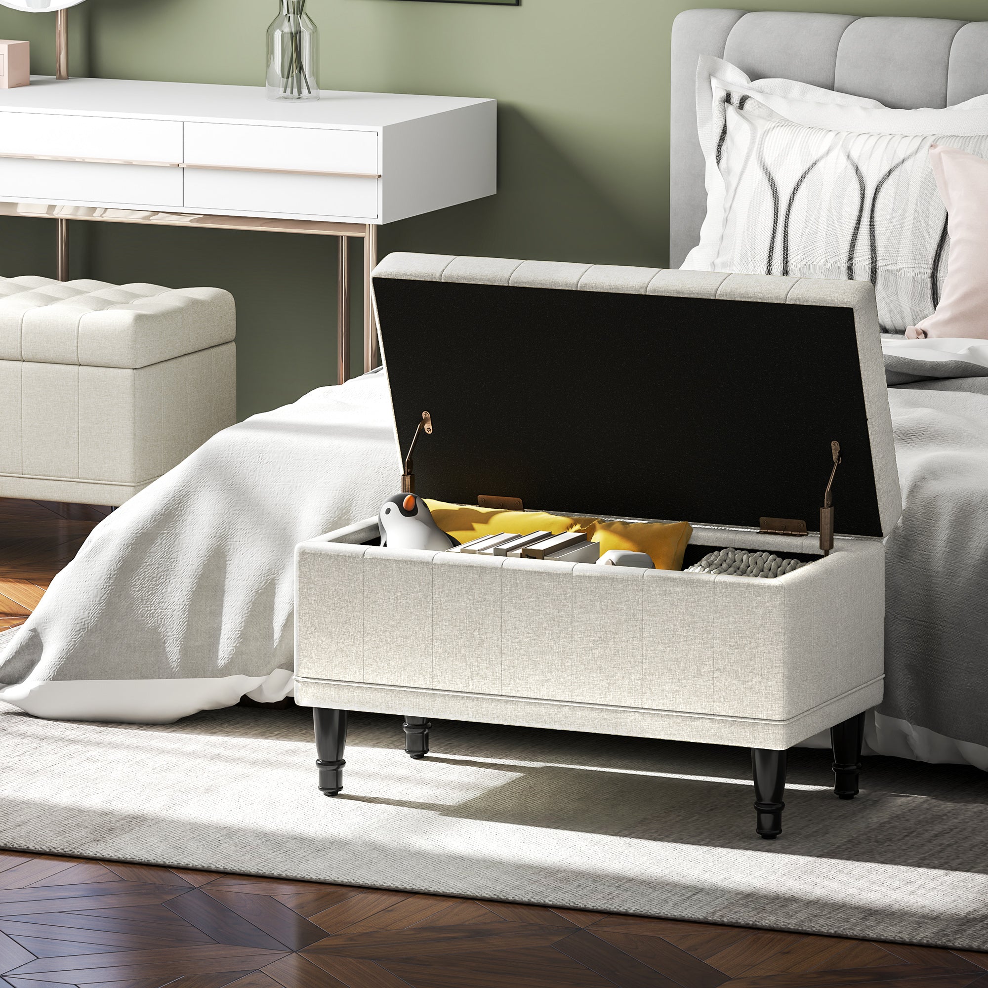 HOMCOM Storage Ottoman, Linen Fabric End of Bed Bench with Soft Close Lid, Button Tufted Storage Bench for Living Room, Entryway or Bedroom, 31.5" x 15.7" x 18.9", Beige