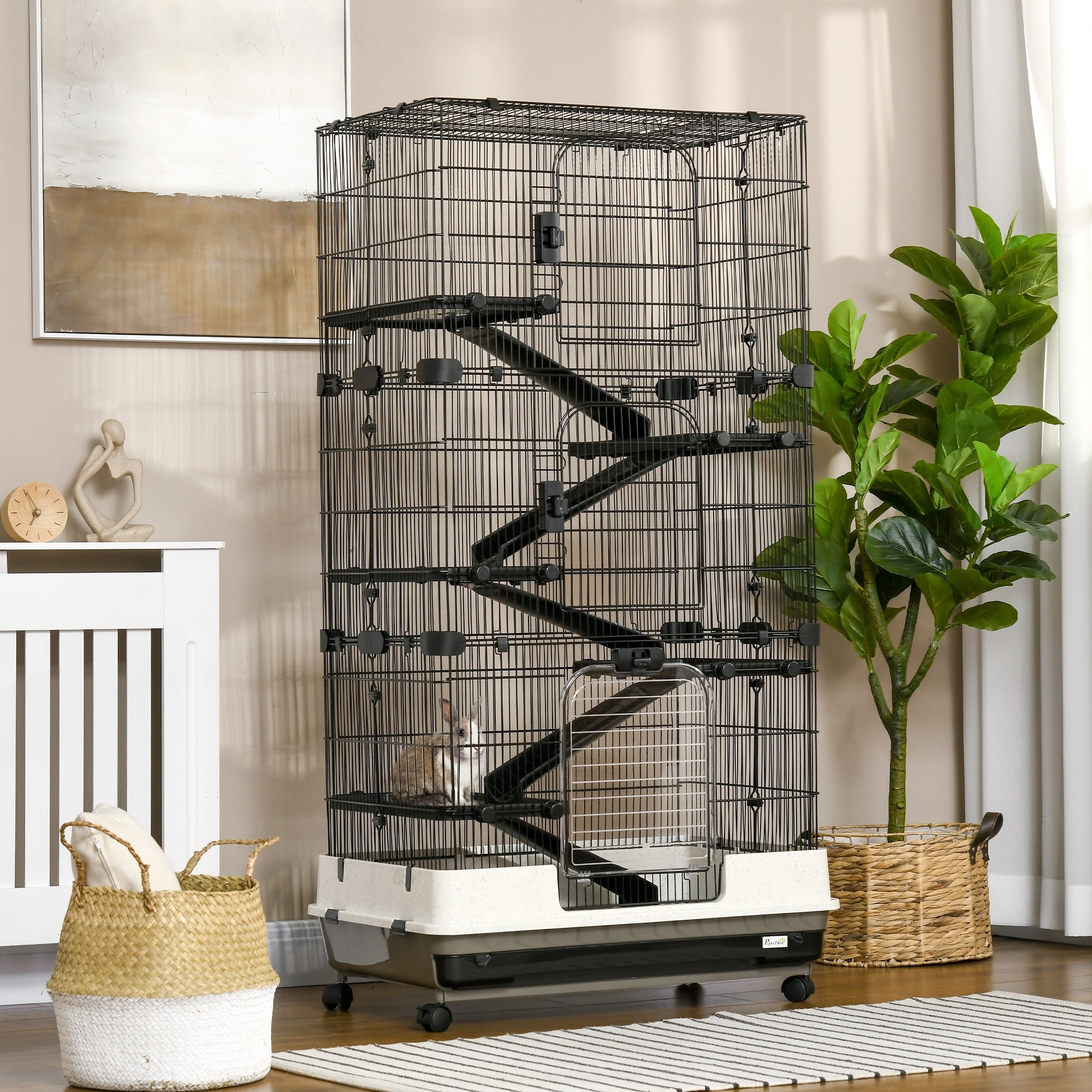 PawHut 6-tier Platform Rolling Small Animal Cage Rabbit Hutch Pet Play House with Platform, Ramp,Removable Tray. 4 universal wheels (Black) for Bunny Pet Mink Chinchilla