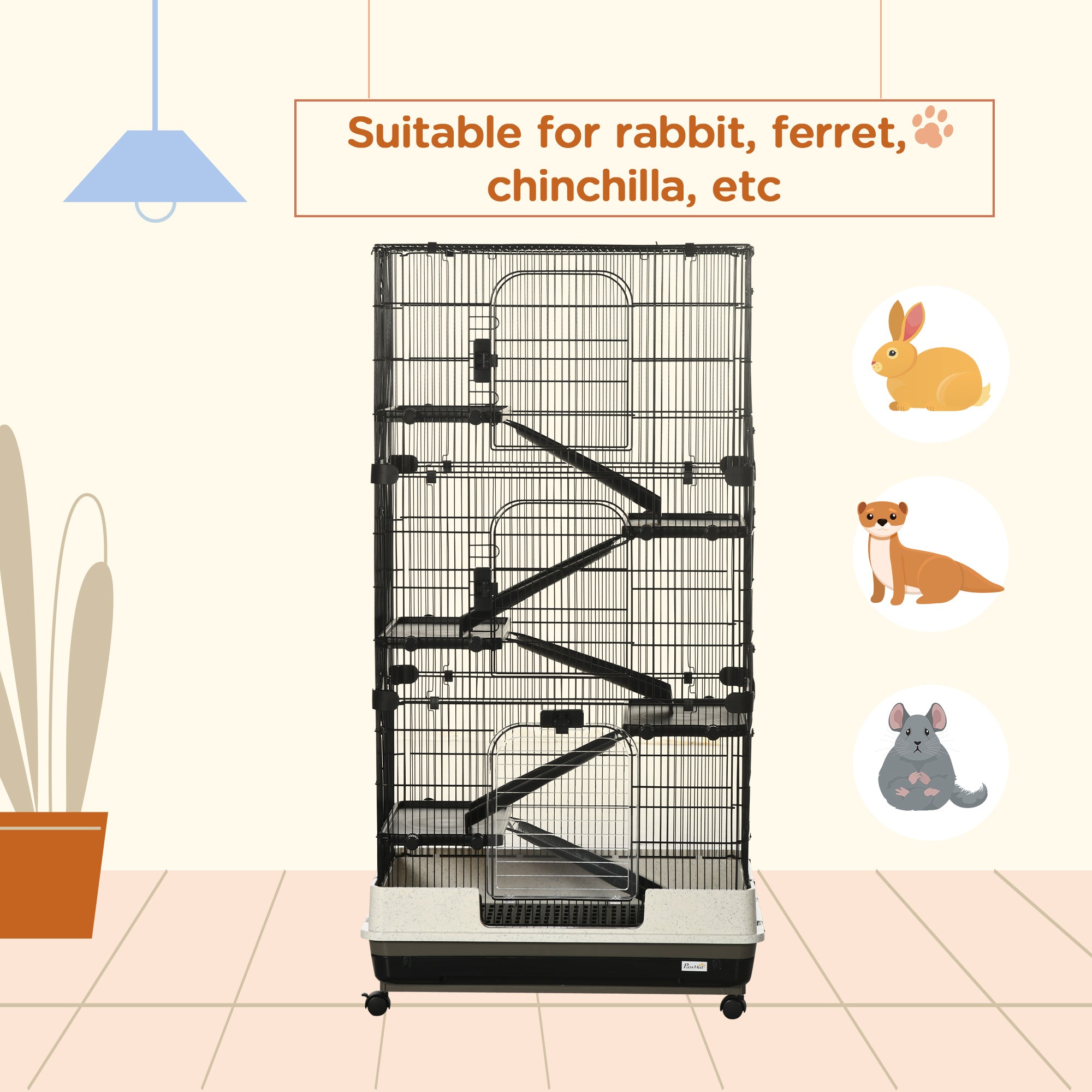 PawHut 6-tier Platform Rolling Small Animal Cage Rabbit Hutch Pet Play House with Platform, Ramp,Removable Tray. 4 universal wheels (Black) for Bunny Pet Mink Chinchilla