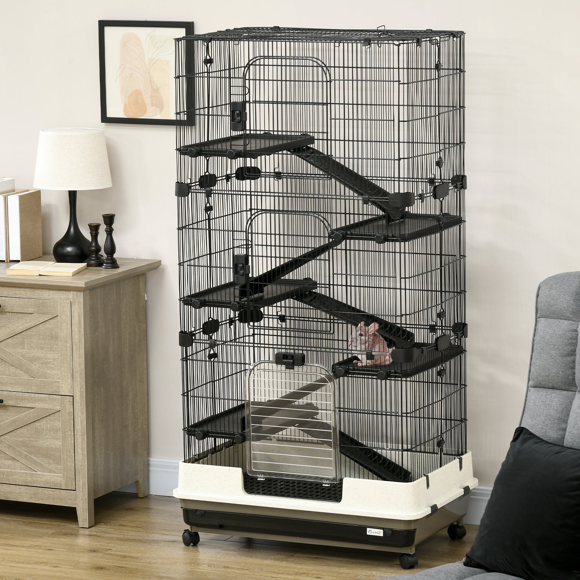 PawHut 6-tier Platform Rolling Small Animal Cage Rabbit Hutch Pet Play House with Platform, Ramp,Removable Tray. 4 universal wheels (Black) for Bunny Pet Mink Chinchilla