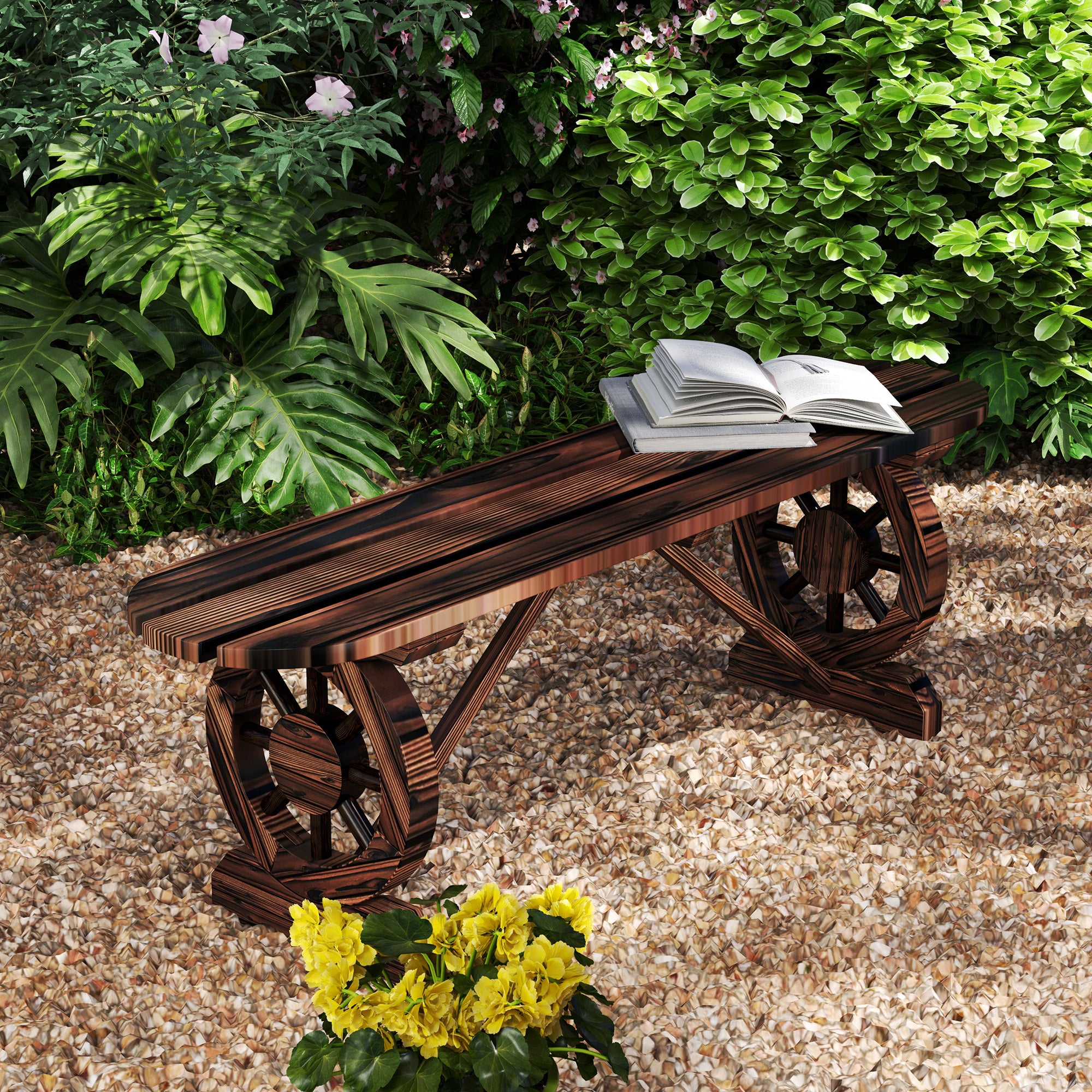 Outsunny Outdoor Bench with Wagon Wheel Legs, 2-Person Wood Garden Bench, Rustic Patio Bench Loveseat with Slatted Seat for Park, Porch, Backyard, Carbonized