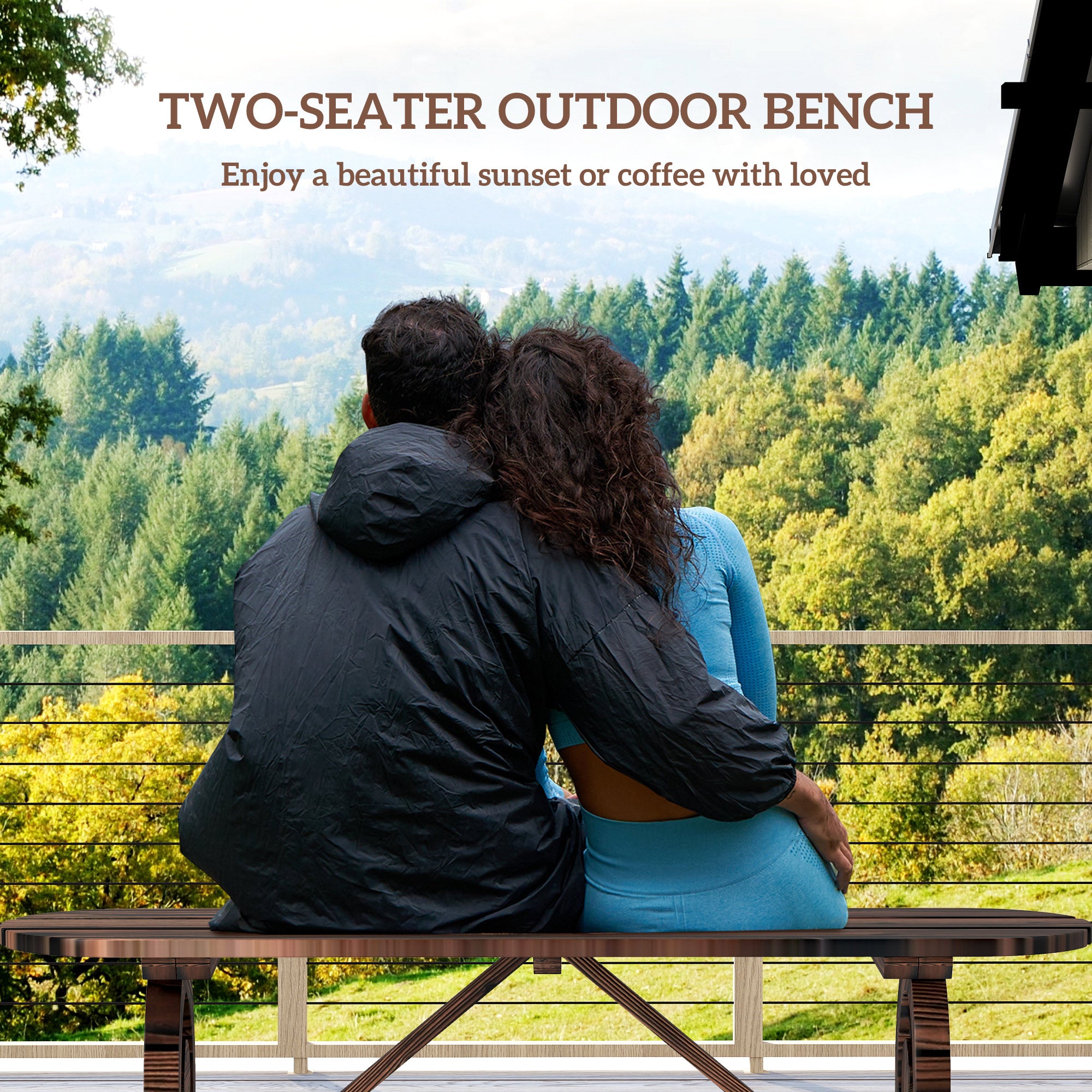 Outsunny Outdoor Bench with Wagon Wheel Legs, 2-Person Wood Garden Bench, Rustic Patio Bench Loveseat with Slatted Seat for Park, Porch, Backyard, Carbonized