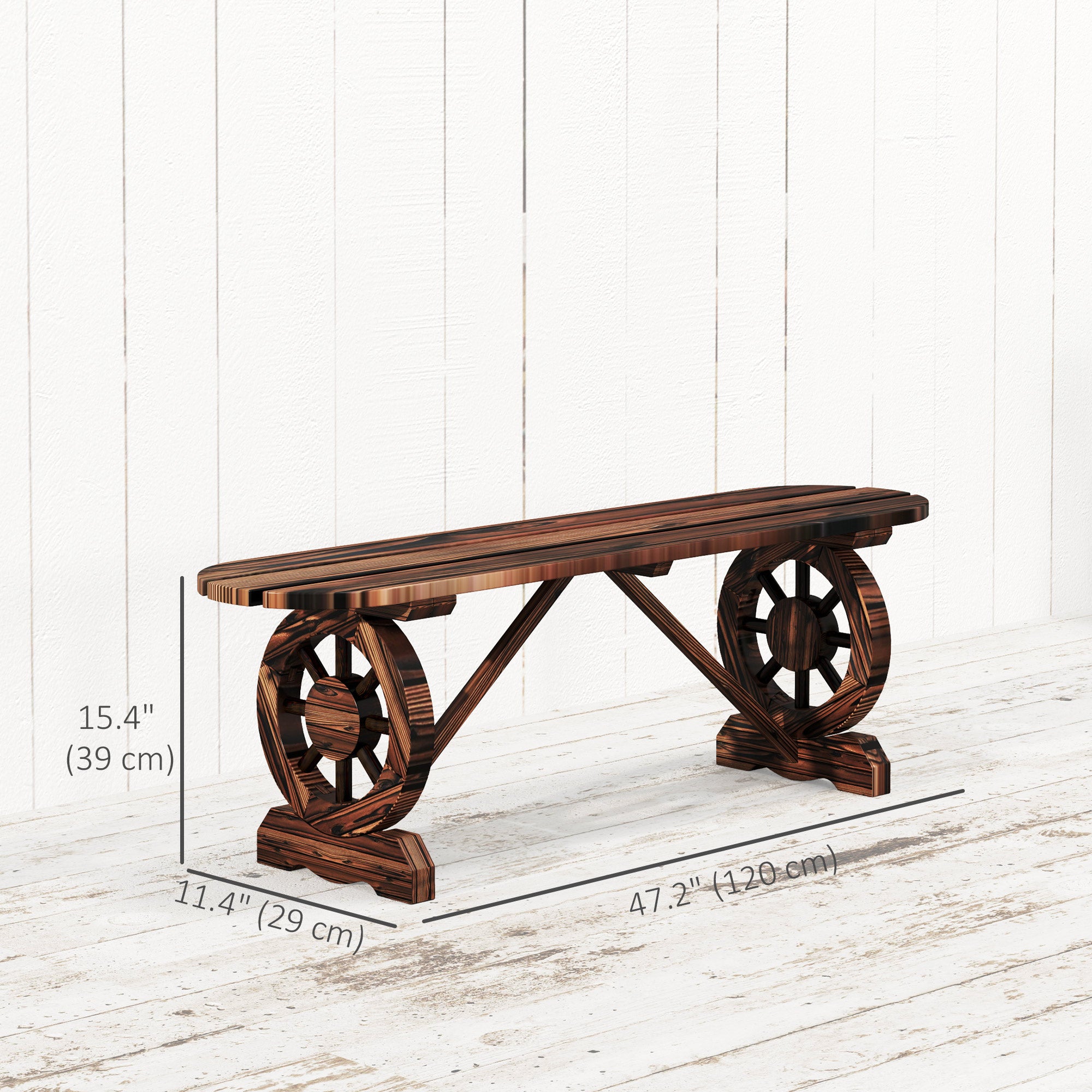 Outsunny Outdoor Bench with Wagon Wheel Legs, 2-Person Wood Garden Bench, Rustic Patio Bench Loveseat with Slatted Seat for Park, Porch, Backyard, Carbonized