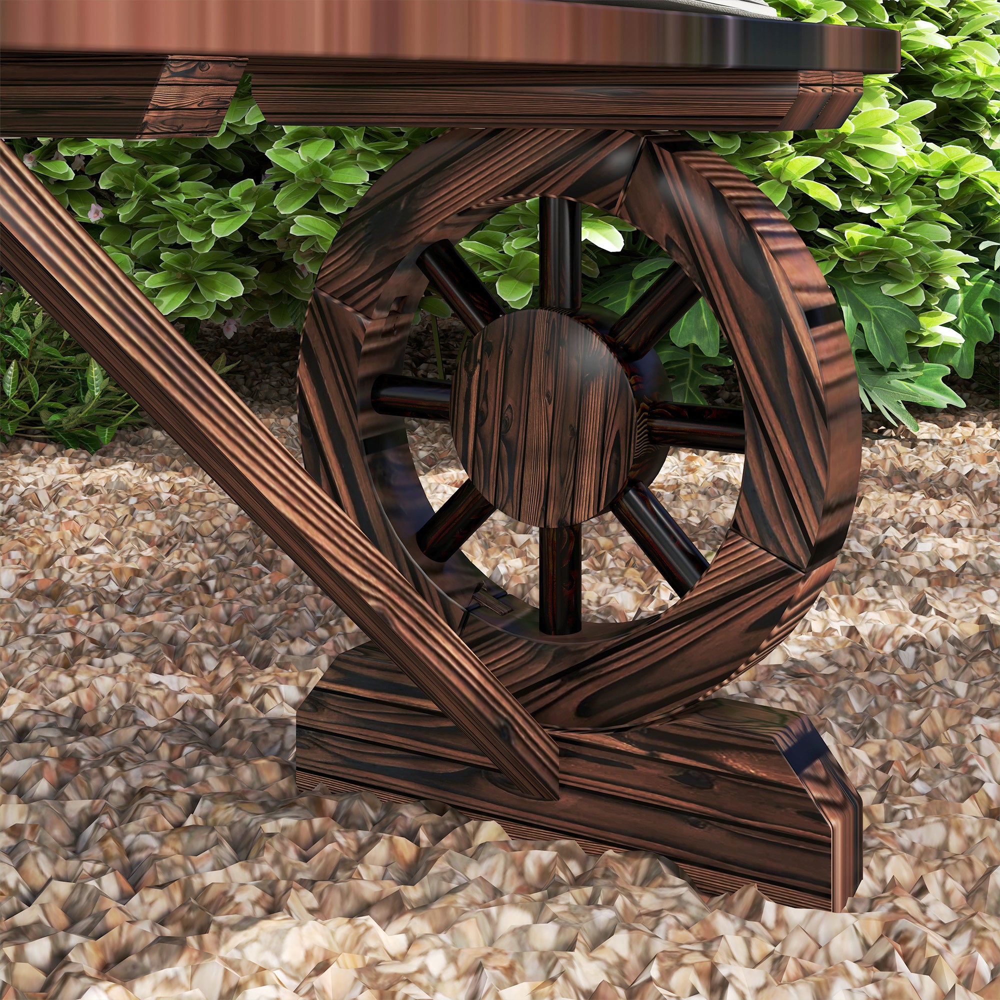 Outsunny Outdoor Bench with Wagon Wheel Legs, 2-Person Wood Garden Bench, Rustic Patio Bench Loveseat with Slatted Seat for Park, Porch, Backyard, Carbonized