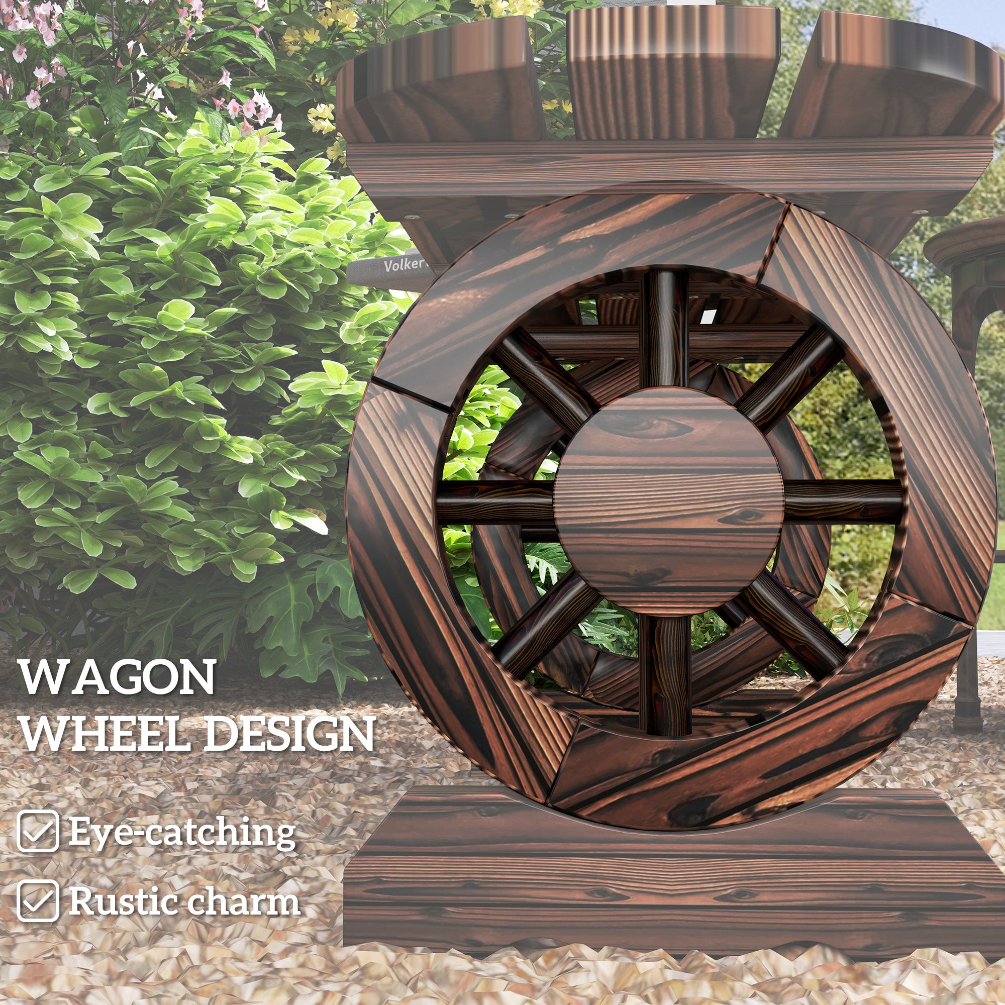 Outsunny Outdoor Bench with Wagon Wheel Legs, 2-Person Wood Garden Bench, Rustic Patio Bench Loveseat with Slatted Seat for Park, Porch, Backyard, Carbonized