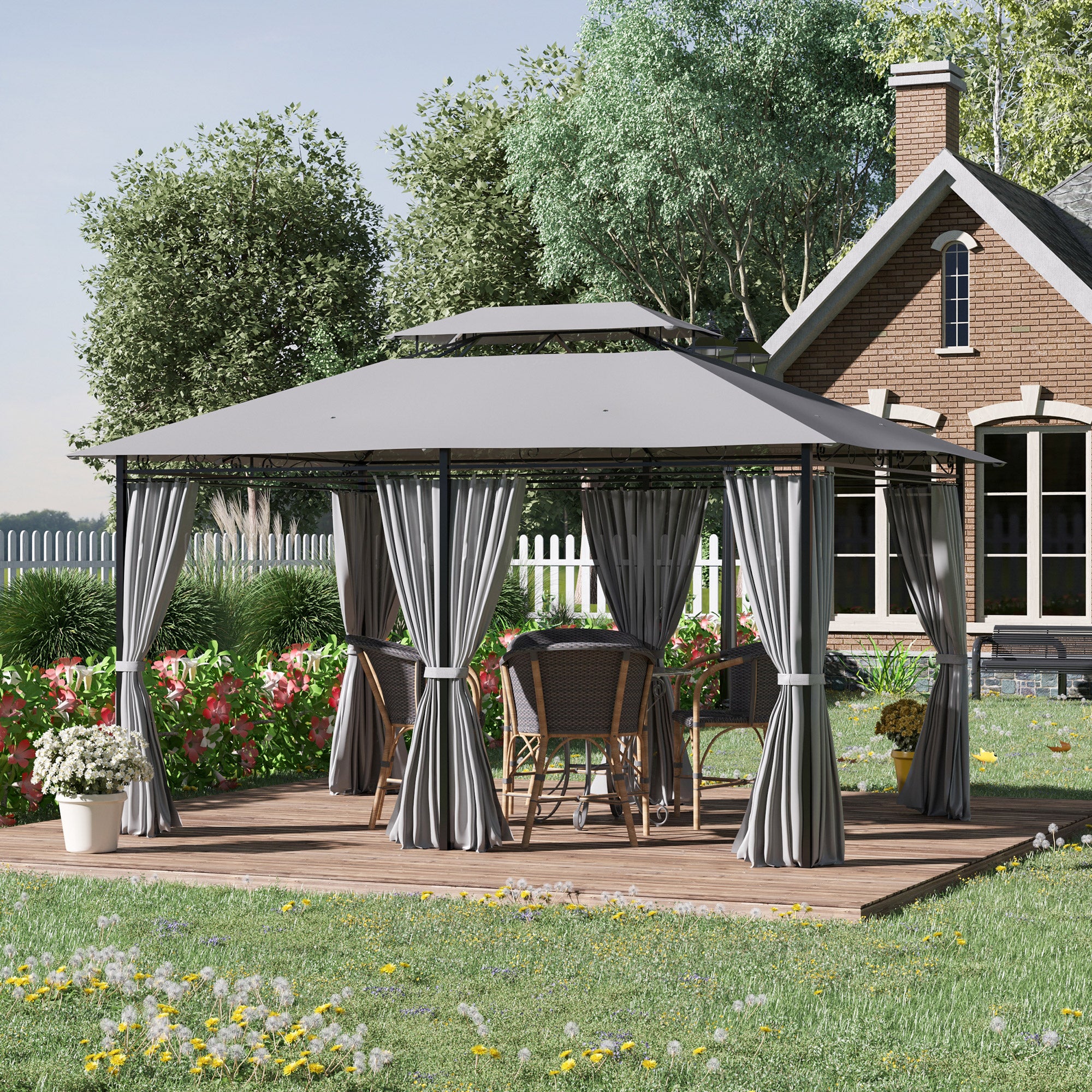 Outsunny 10' x 13' Patio Gazebo, Outdoor 2-Tiers Garden Canopy Yard Sunshade Shelter with Curtains, Dark Grey