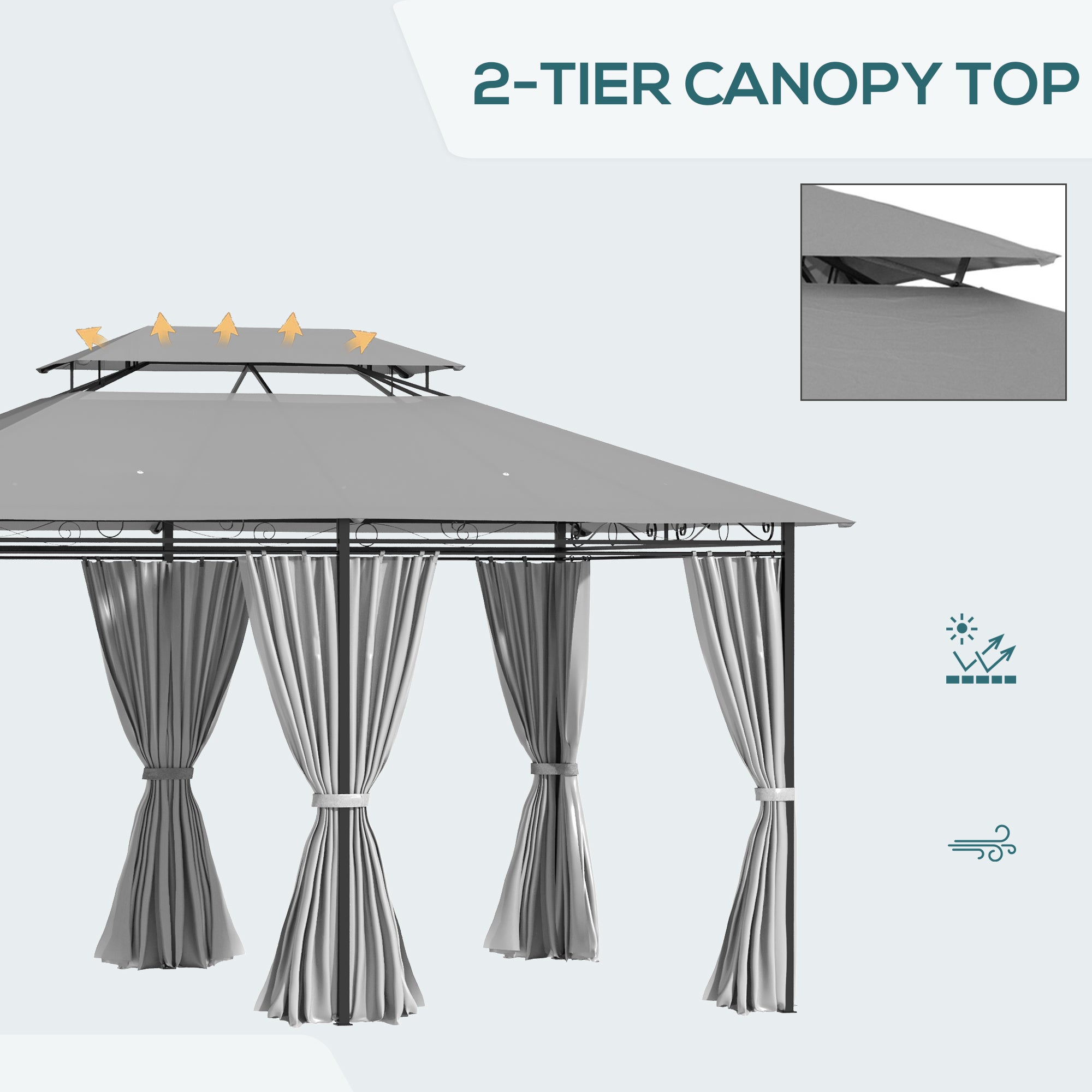 Outsunny 10' x 13' Patio Gazebo, Outdoor 2-Tiers Garden Canopy Yard Sunshade Shelter with Curtains, Dark Grey