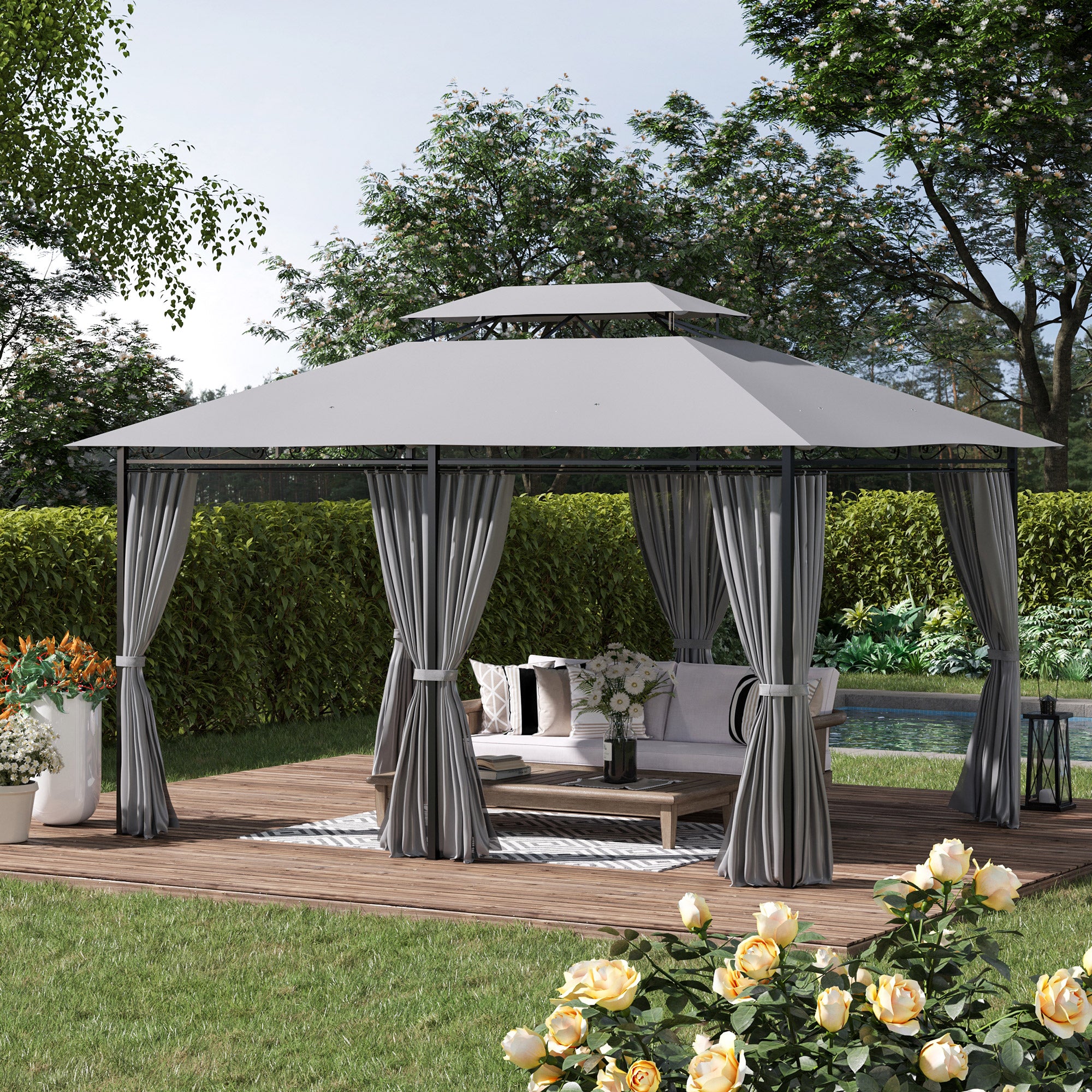 Outsunny 10' x 13' Patio Gazebo, Outdoor 2-Tiers Garden Canopy Yard Sunshade Shelter with Curtains, Dark Grey