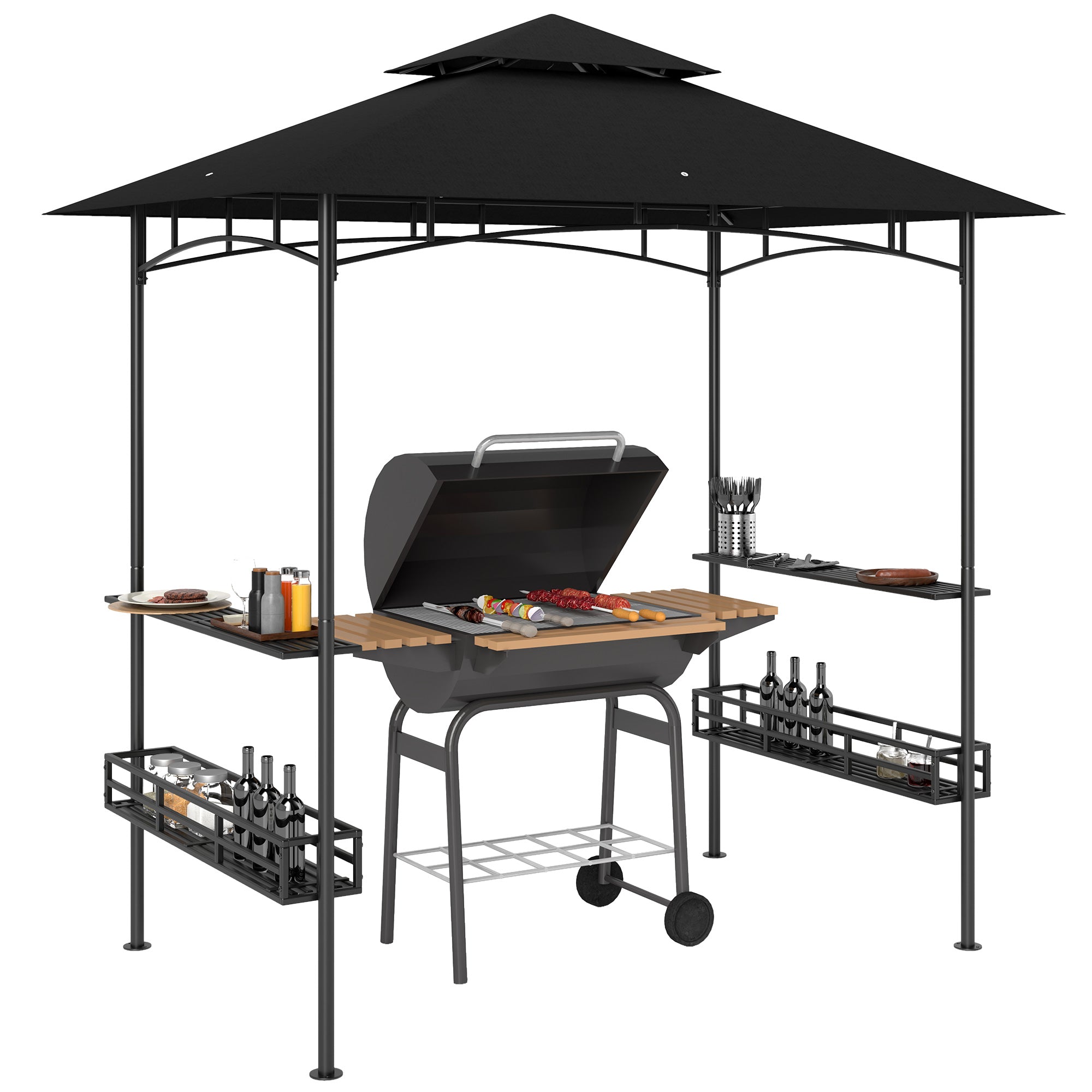 Outsunny 8' x 5' Grill Gazebo, Double Tiered Outdoor BBQ Gazebo Shelter with 2 Side Shelves, Storage Basket, Hanging Hook, BBQ Canopy Tent for Backyard, Garden, Patio, Dark Grey