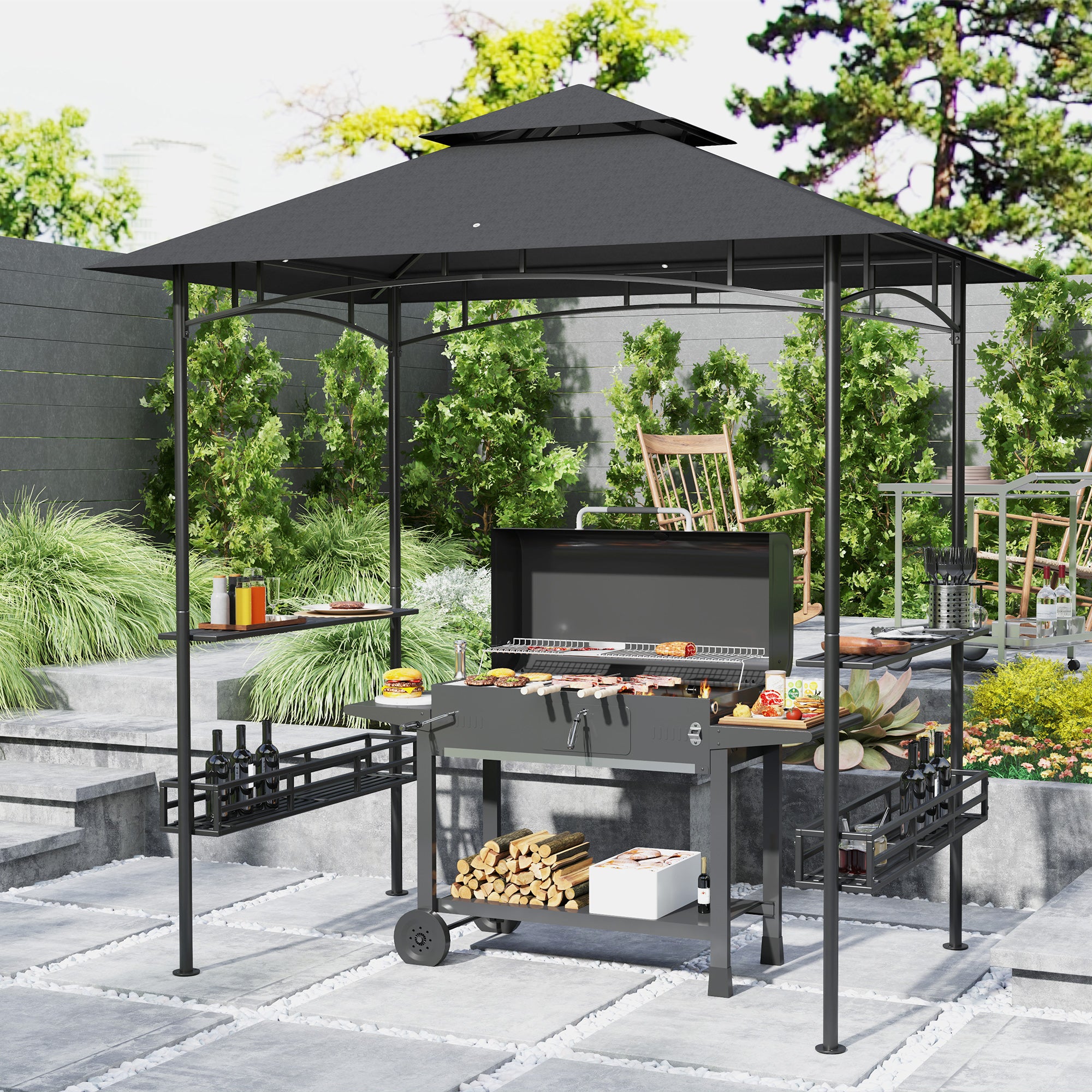 Outsunny 8' x 5' Grill Gazebo, Double Tiered Outdoor BBQ Gazebo Shelter with 2 Side Shelves, Storage Basket, Hanging Hook, BBQ Canopy Tent for Backyard, Garden, Patio, Dark Grey