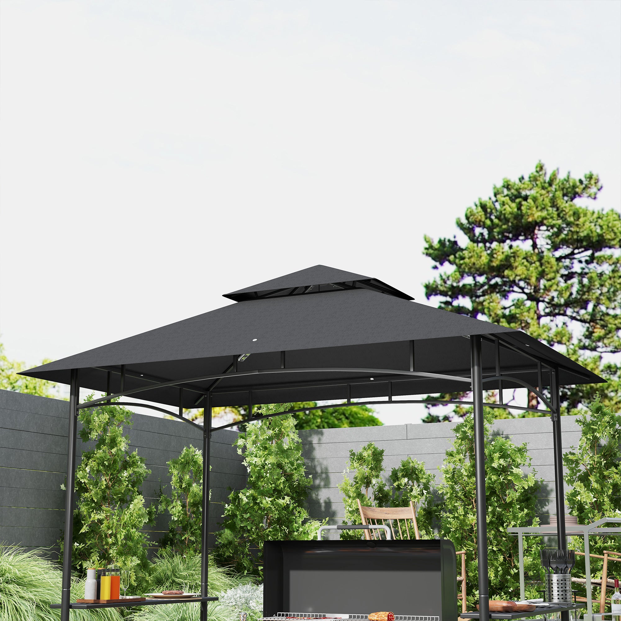 Outsunny 8' x 5' Grill Gazebo, Double Tiered Outdoor BBQ Gazebo Shelter with 2 Side Shelves, Storage Basket, Hanging Hook, BBQ Canopy Tent for Backyard, Garden, Patio, Dark Grey