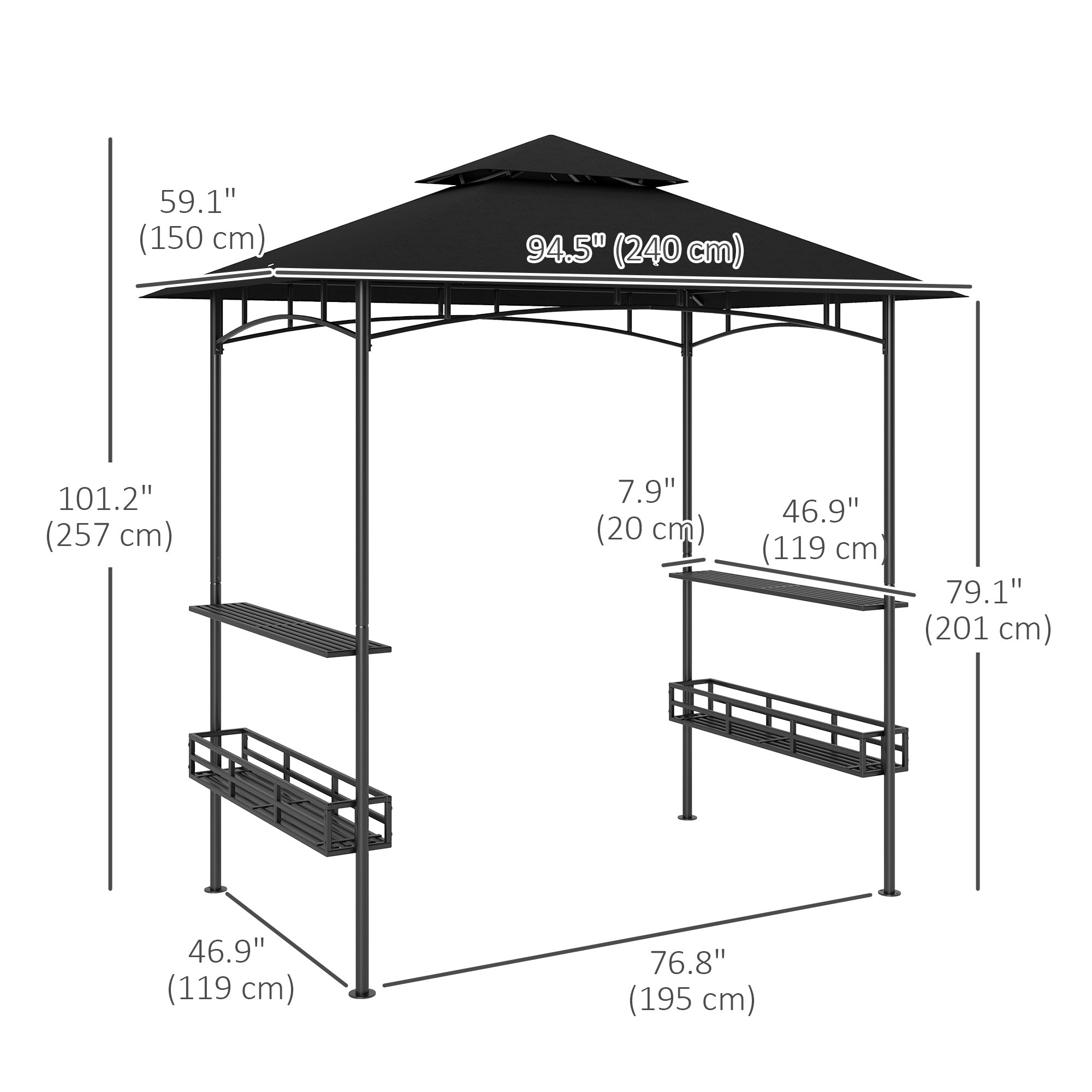 Outsunny 8' x 5' Grill Gazebo, Double Tiered Outdoor BBQ Gazebo Shelter with 2 Side Shelves, Storage Basket, Hanging Hook, BBQ Canopy Tent for Backyard, Garden, Patio, Dark Grey