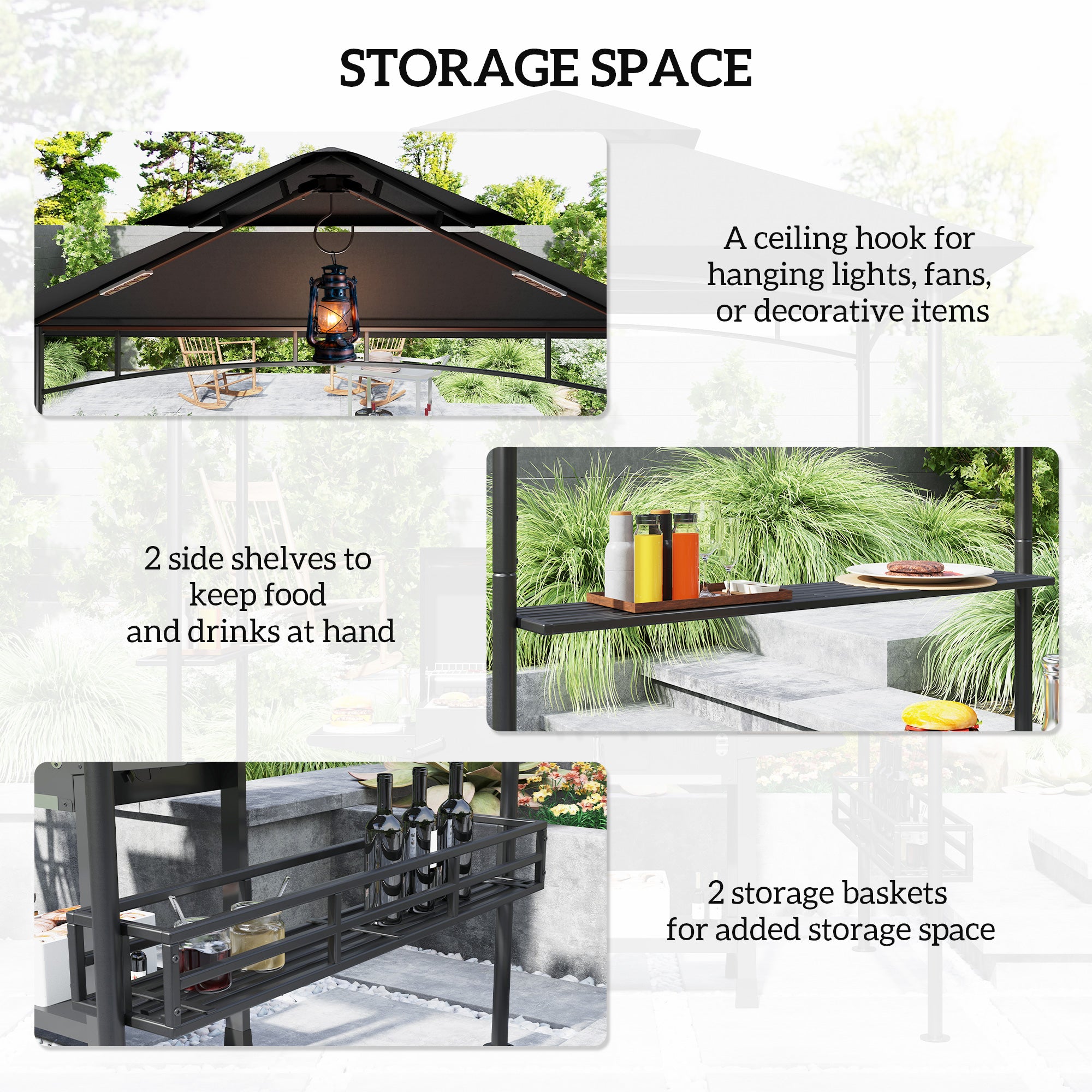 Outsunny 8' x 5' Grill Gazebo, Double Tiered Outdoor BBQ Gazebo Shelter with 2 Side Shelves, Storage Basket, Hanging Hook, BBQ Canopy Tent for Backyard, Garden, Patio, Dark Grey
