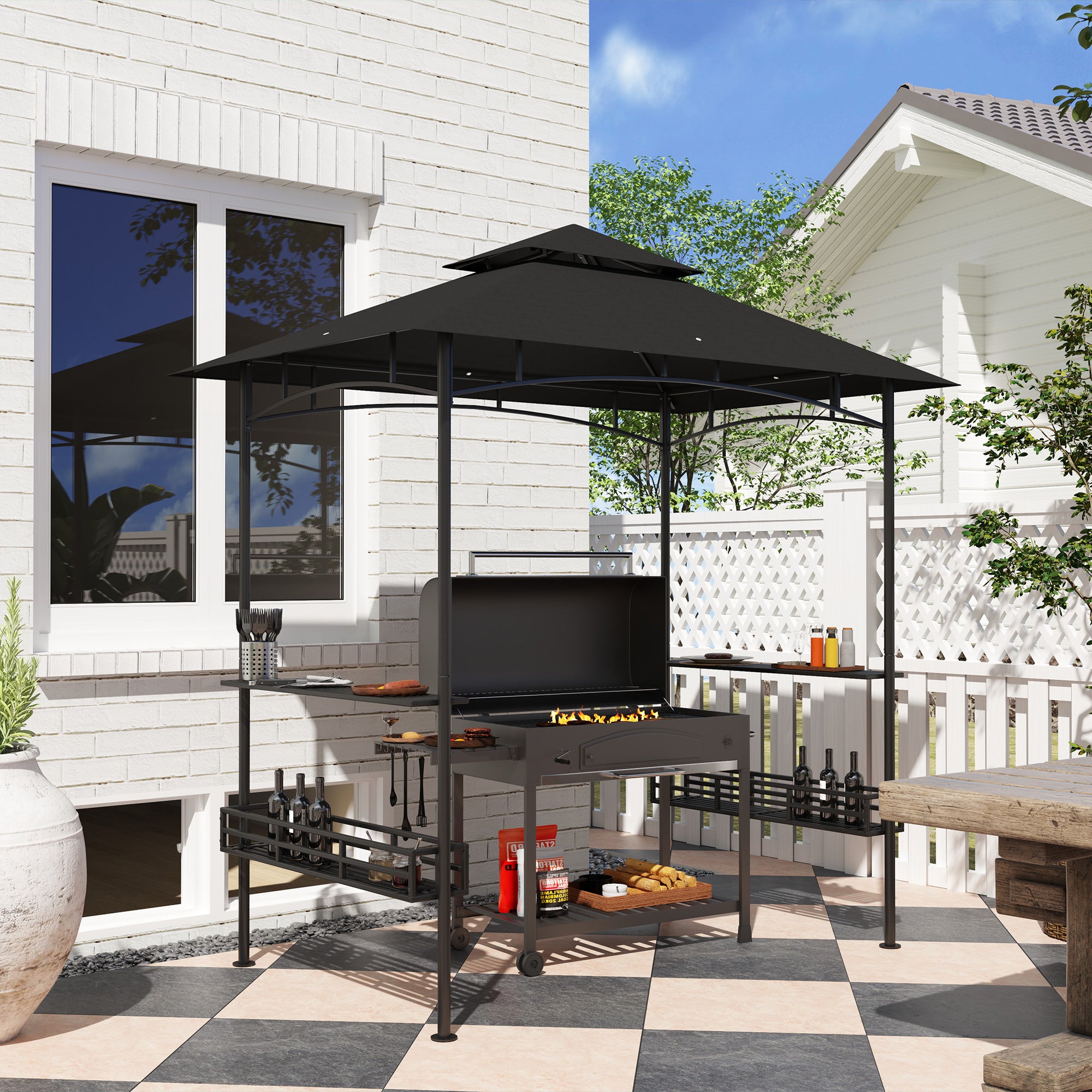 Outsunny 8' x 5' Grill Gazebo, Double Tiered Outdoor BBQ Gazebo Shelter with 2 Side Shelves, Storage Basket, Hanging Hook, BBQ Canopy Tent for Backyard, Garden, Patio, Dark Grey