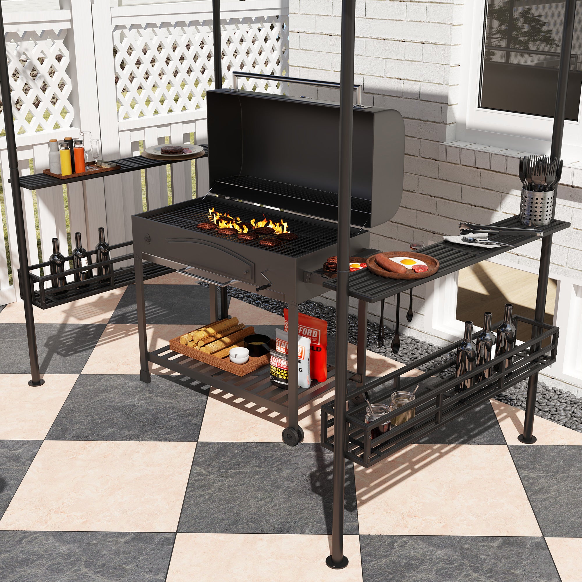 Outsunny 8' x 5' Grill Gazebo, Double Tiered Outdoor BBQ Gazebo Shelter with 2 Side Shelves, Storage Basket, Hanging Hook, BBQ Canopy Tent for Backyard, Garden, Patio, Dark Grey