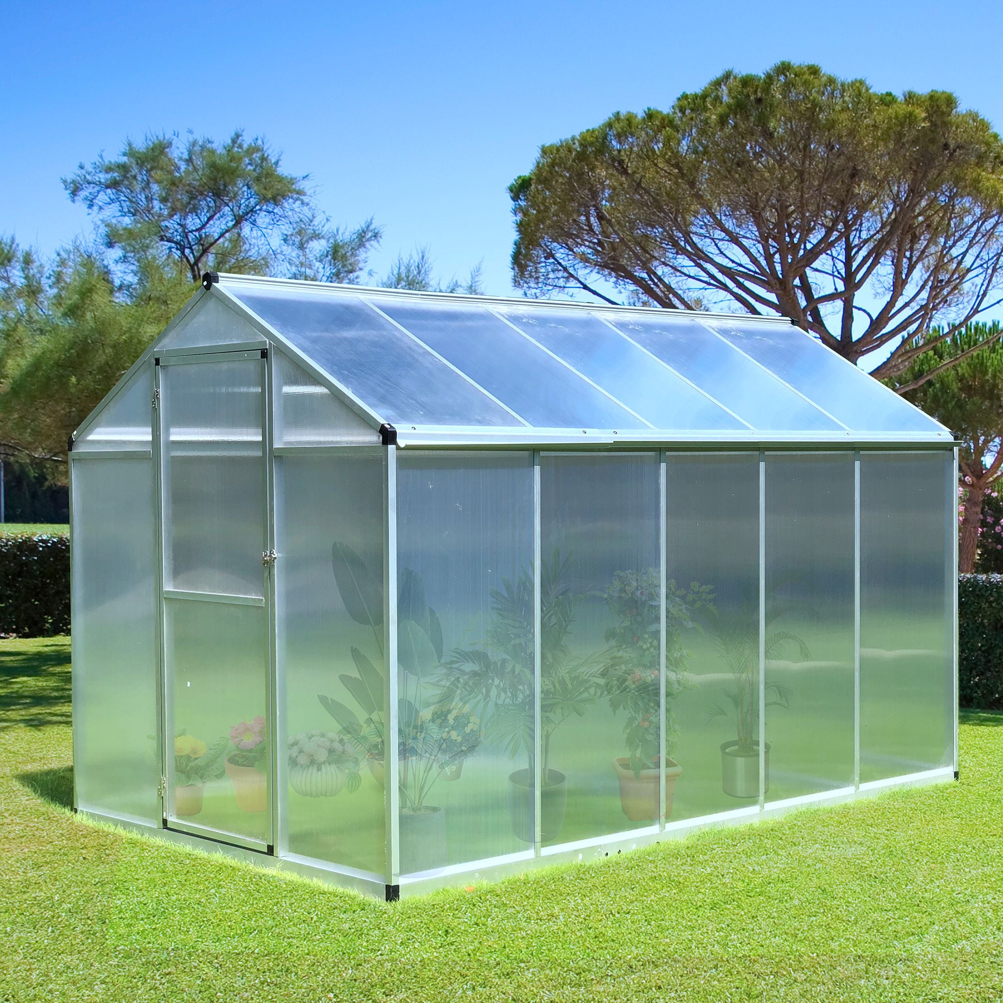 Outsunny 6' x 10' x 6.4' Walk-in Garden Greenhouse Polycarbonate Panels Plants Flower Growth Shed Cold Frame Outdoor Portable Warm House Aluminum Frame, Silver