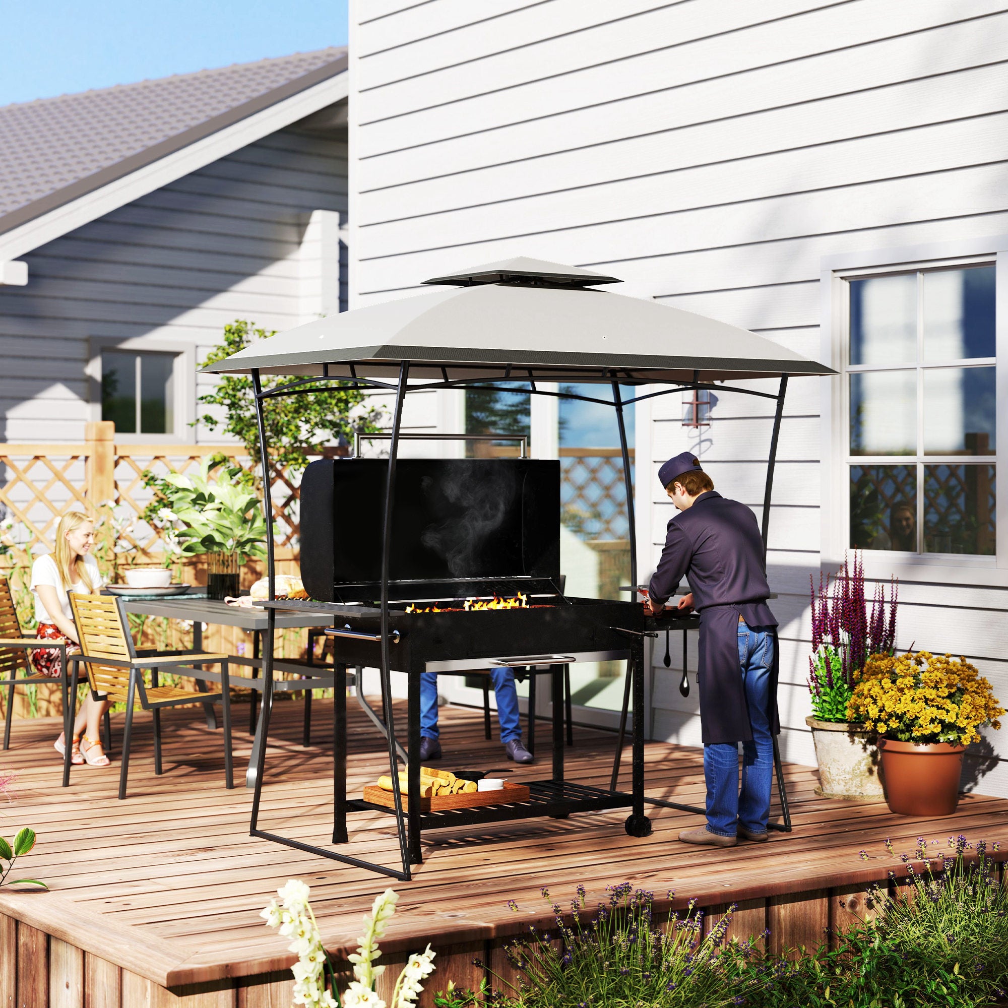 Outsunny 8' x 5' Grill Gazebo, Double Tiered Outdoor BBQ Gazebo with 2 Side Shelves, Barbecue Grill Gazebo Shelter with Hook for Patio, Garden, Backyard, Light Grey