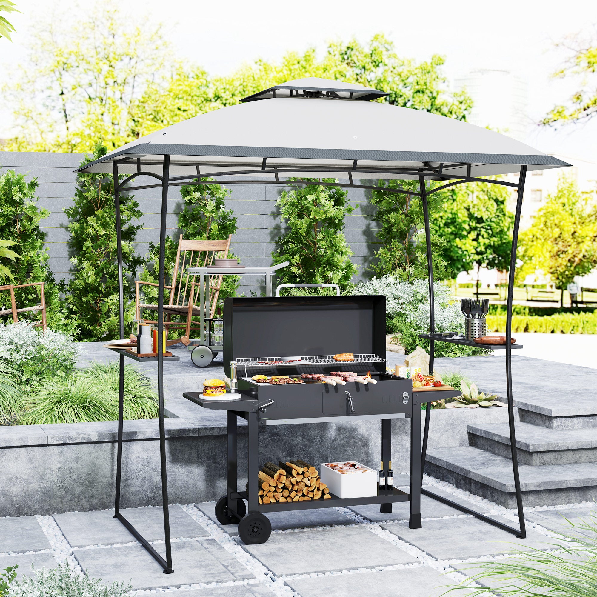 Outsunny 8' x 5' Grill Gazebo, Double Tiered Outdoor BBQ Gazebo with 2 Side Shelves, Barbecue Grill Gazebo Shelter with Hook for Patio, Garden, Backyard, Light Grey