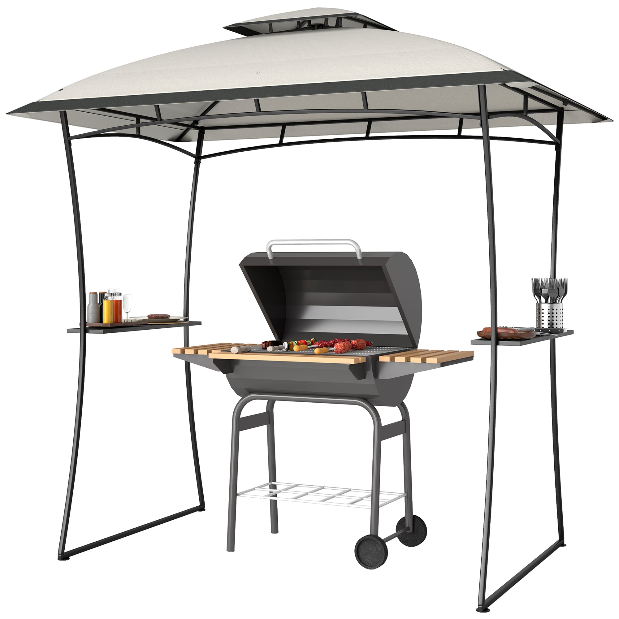 Outsunny 8' x 5' Grill Gazebo, Double Tiered Outdoor BBQ Gazebo with 2 Side Shelves, Barbecue Grill Gazebo Shelter with Hook for Patio, Garden, Backyard, Light Grey