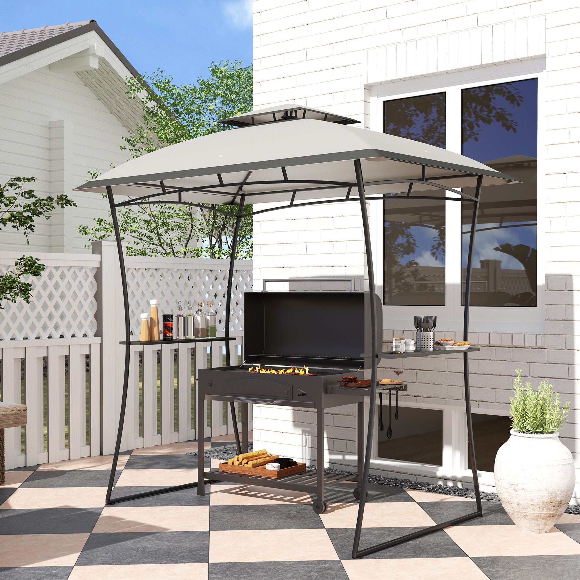 Outsunny 8' x 5' Grill Gazebo, Double Tiered Outdoor BBQ Gazebo with 2 Side Shelves, Barbecue Grill Gazebo Shelter with Hook for Patio, Garden, Backyard, Light Grey