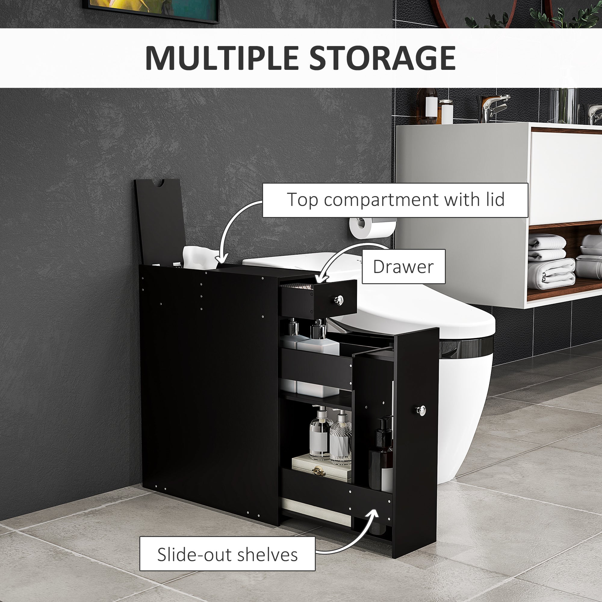 HOMCOM Small Bathroom Storage Cabinet, Space Saving Toilet Paper Cabinet, Narrow Bathroom Cabinet with Drawers and Hidden Storage, Black