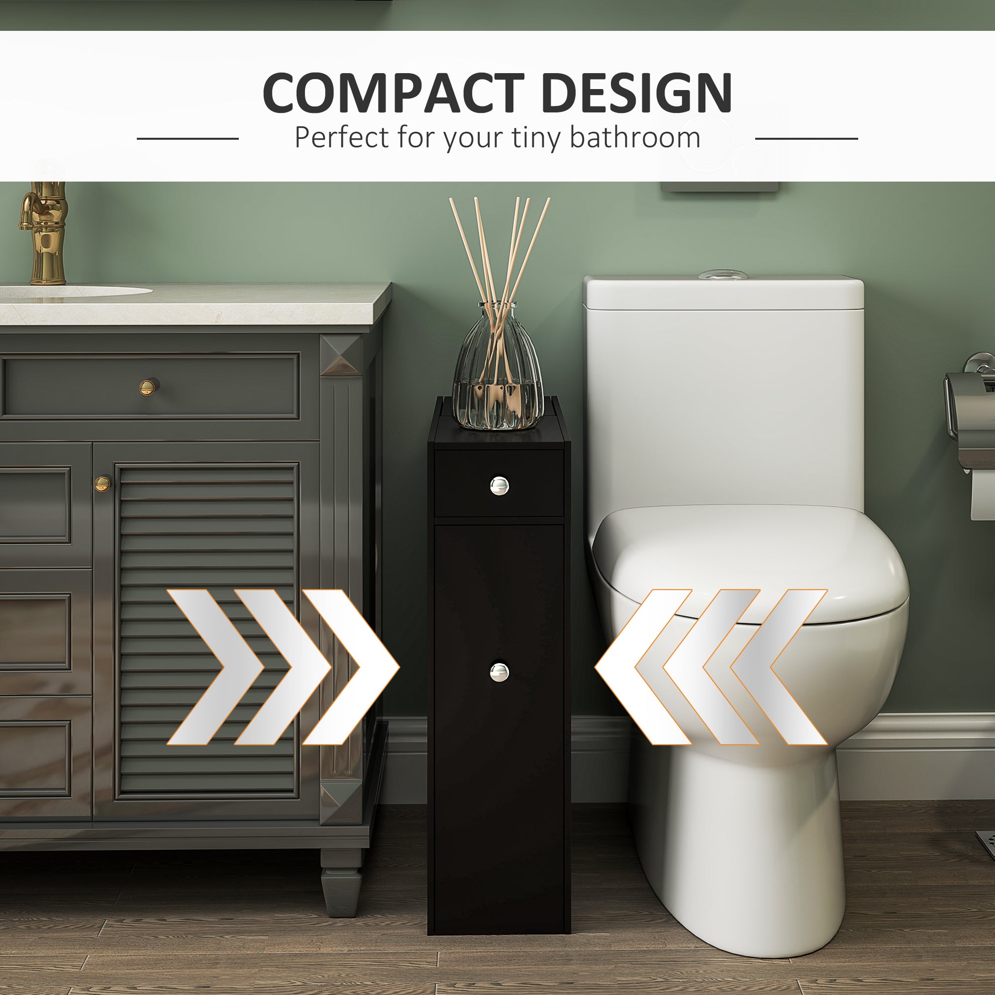 HOMCOM Small Bathroom Storage Cabinet, Space Saving Toilet Paper Cabinet, Narrow Bathroom Cabinet with Drawers and Hidden Storage, Black