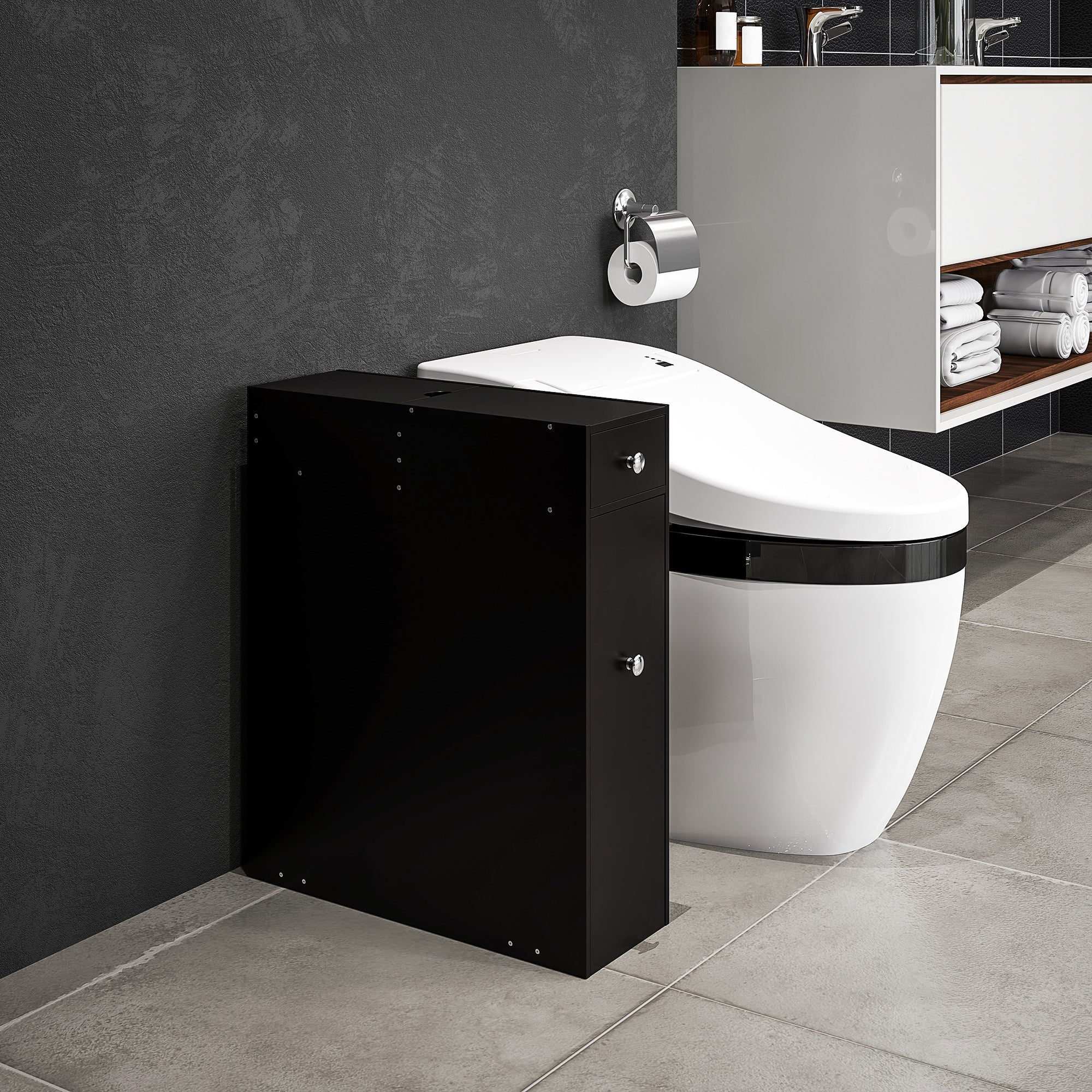 HOMCOM Small Bathroom Storage Cabinet, Space Saving Toilet Paper Cabinet, Narrow Bathroom Cabinet with Drawers and Hidden Storage, Black