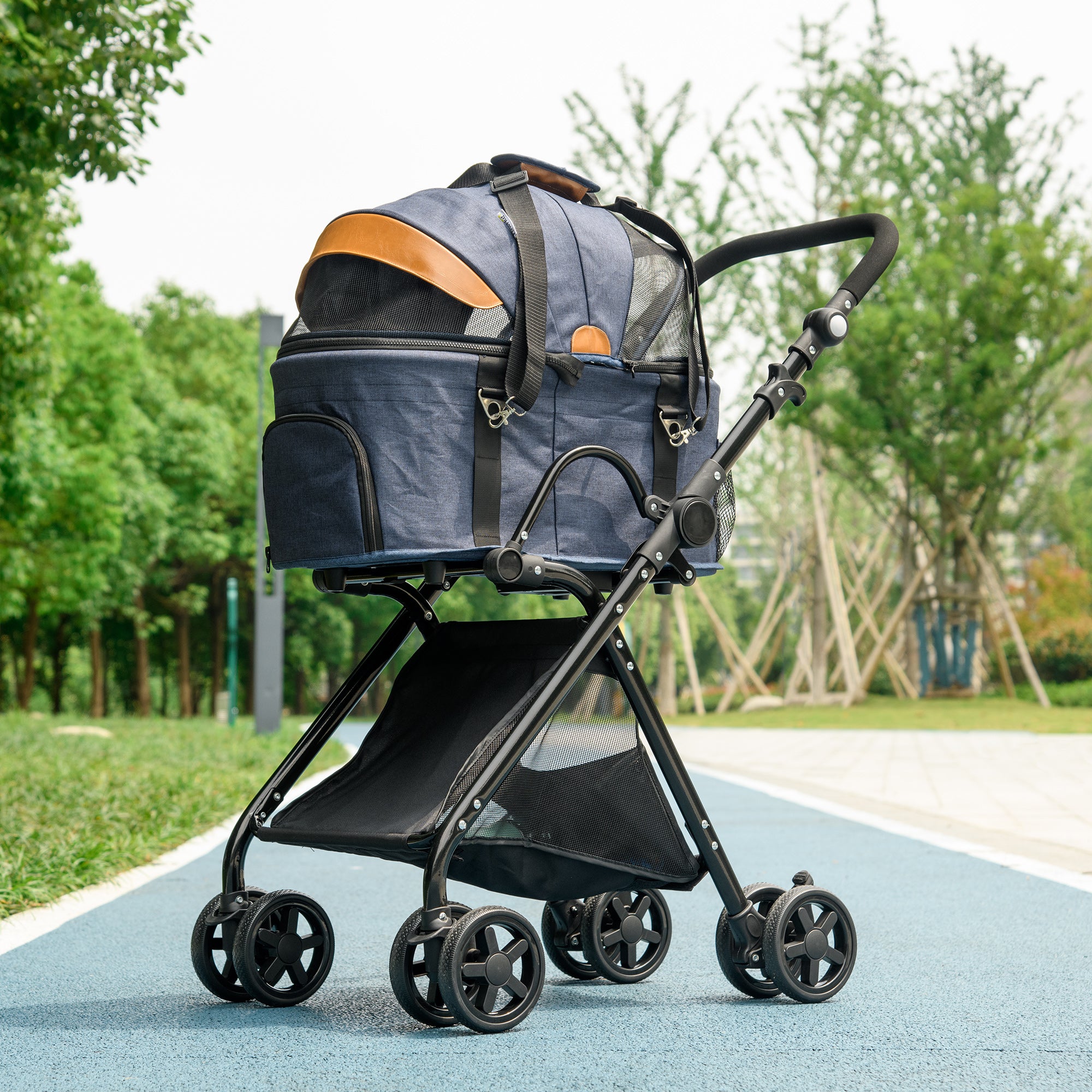 PawHut Pet Stroller, 2 in 1 Dog Carrier Foldable Cat Pushchair with 4 Wheels, Adjustable Canopy, Safety Leashes, Storage Basket for Miniature Small Dogs, Blue