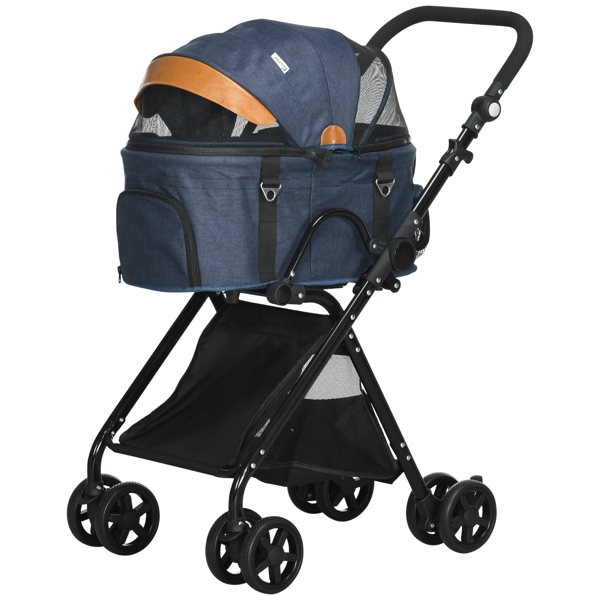 PawHut Pet Stroller, 2 in 1 Dog Carrier Foldable Cat Pushchair with 4 Wheels, Adjustable Canopy, Safety Leashes, Storage Basket for Miniature Small Dogs, Blue