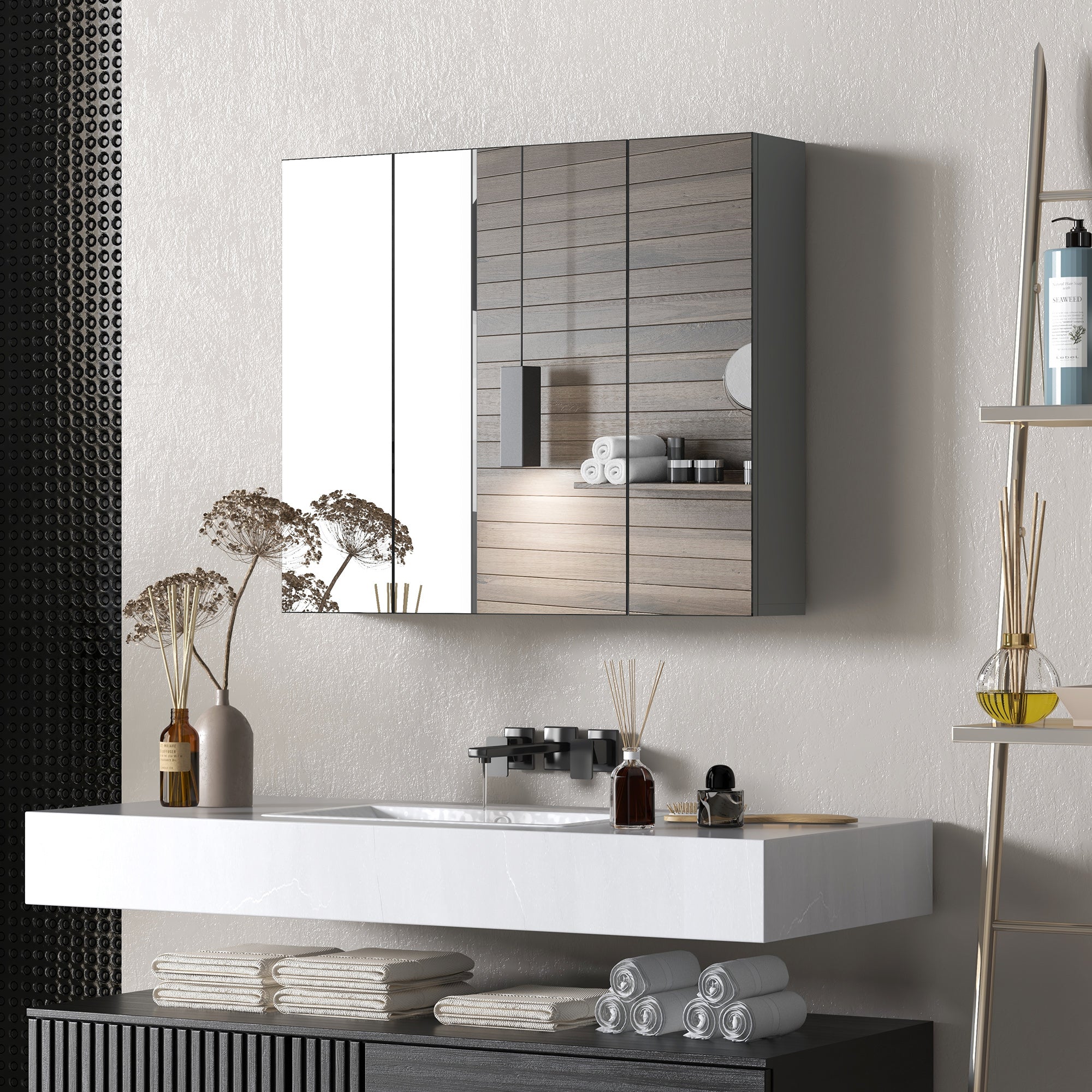 kleankin 28" x 24" Medicine Cabinet, Wall Mounted Bathroom Mirror Cabinet with Mirrored Doors, Adjustable Shelves, Grey