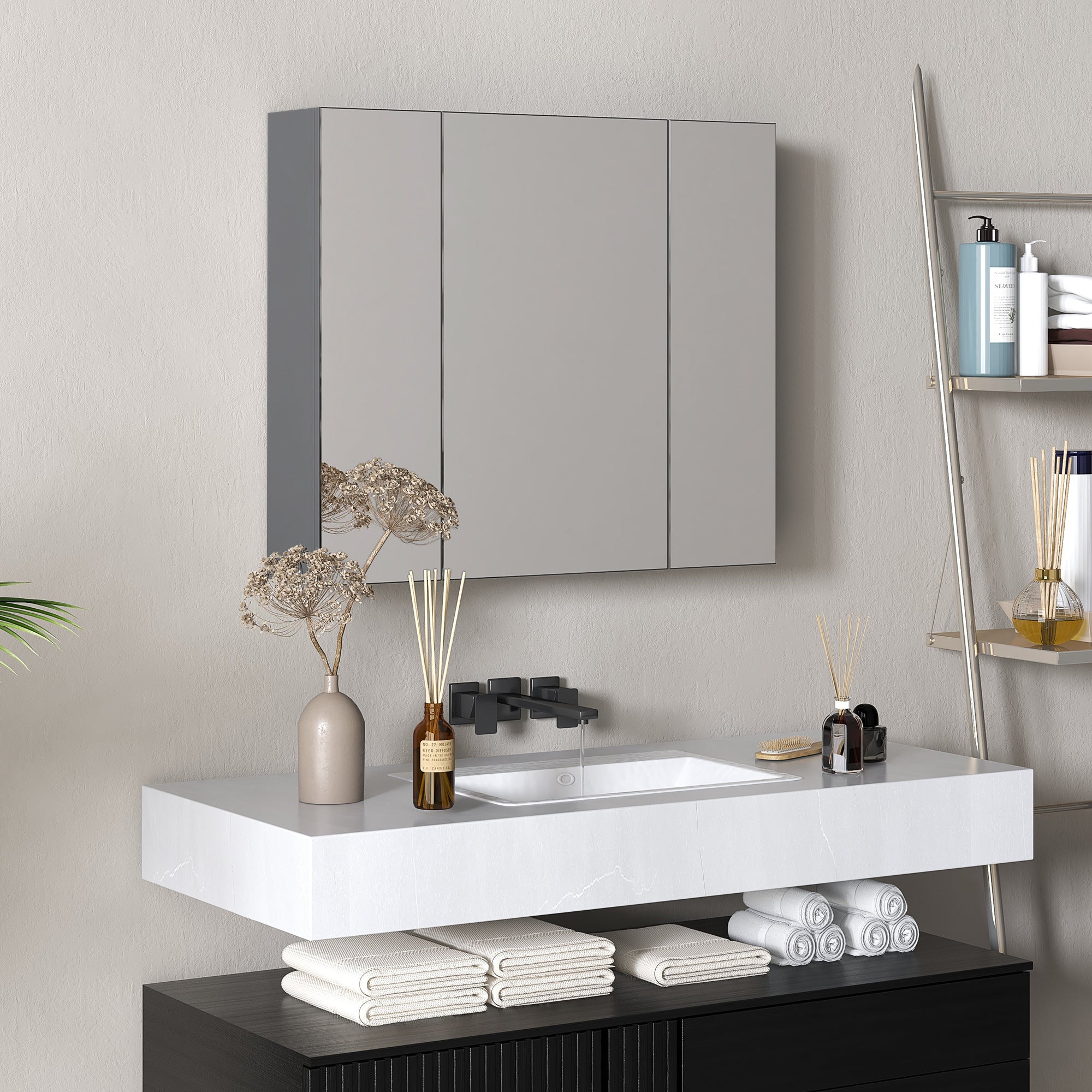 kleankin 28" x 24" Medicine Cabinet, Wall Mounted Bathroom Mirror Cabinet with Mirrored Doors, Adjustable Shelves, Grey