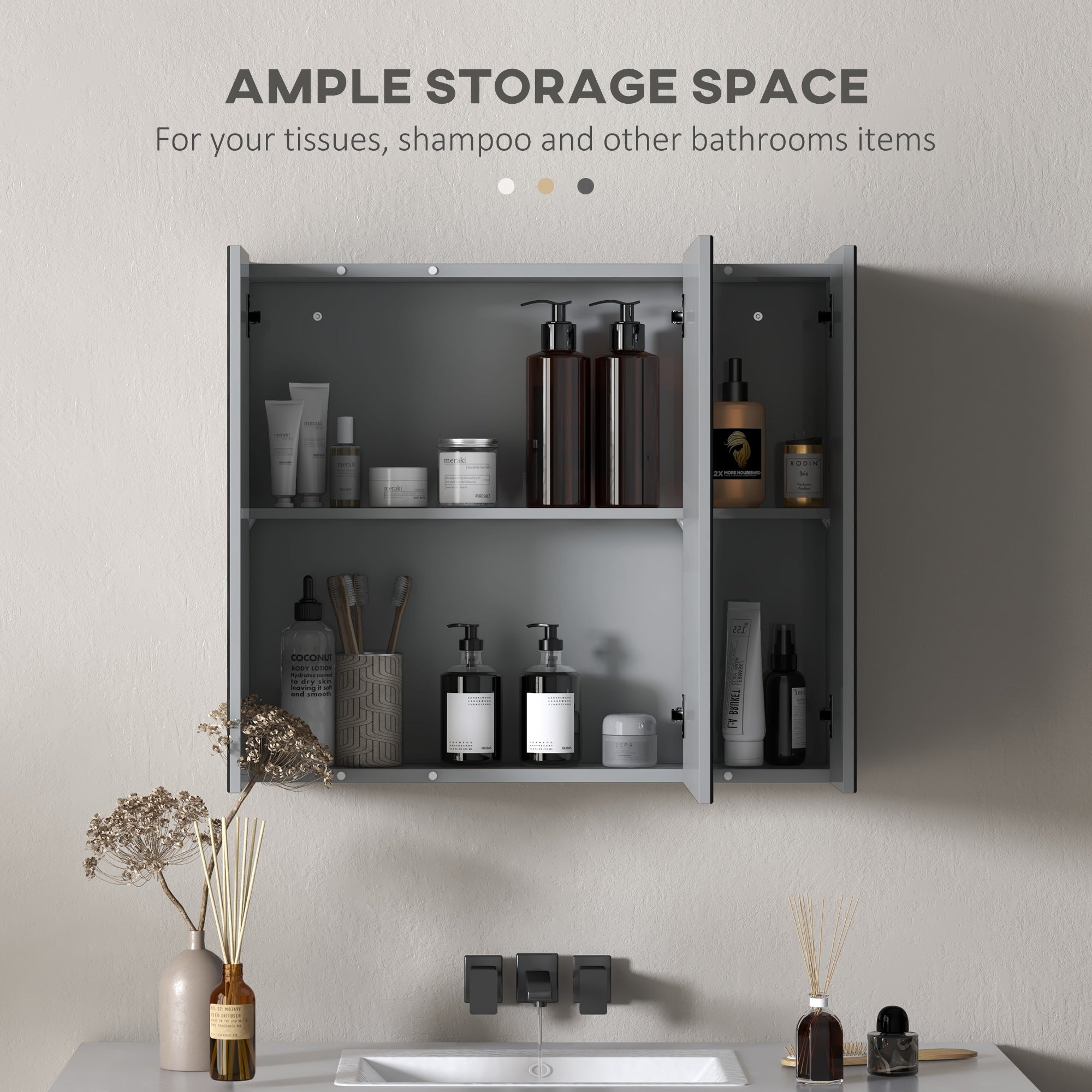 kleankin 28" x 24" Medicine Cabinet, Wall Mounted Bathroom Mirror Cabinet with Mirrored Doors, Adjustable Shelves, Grey