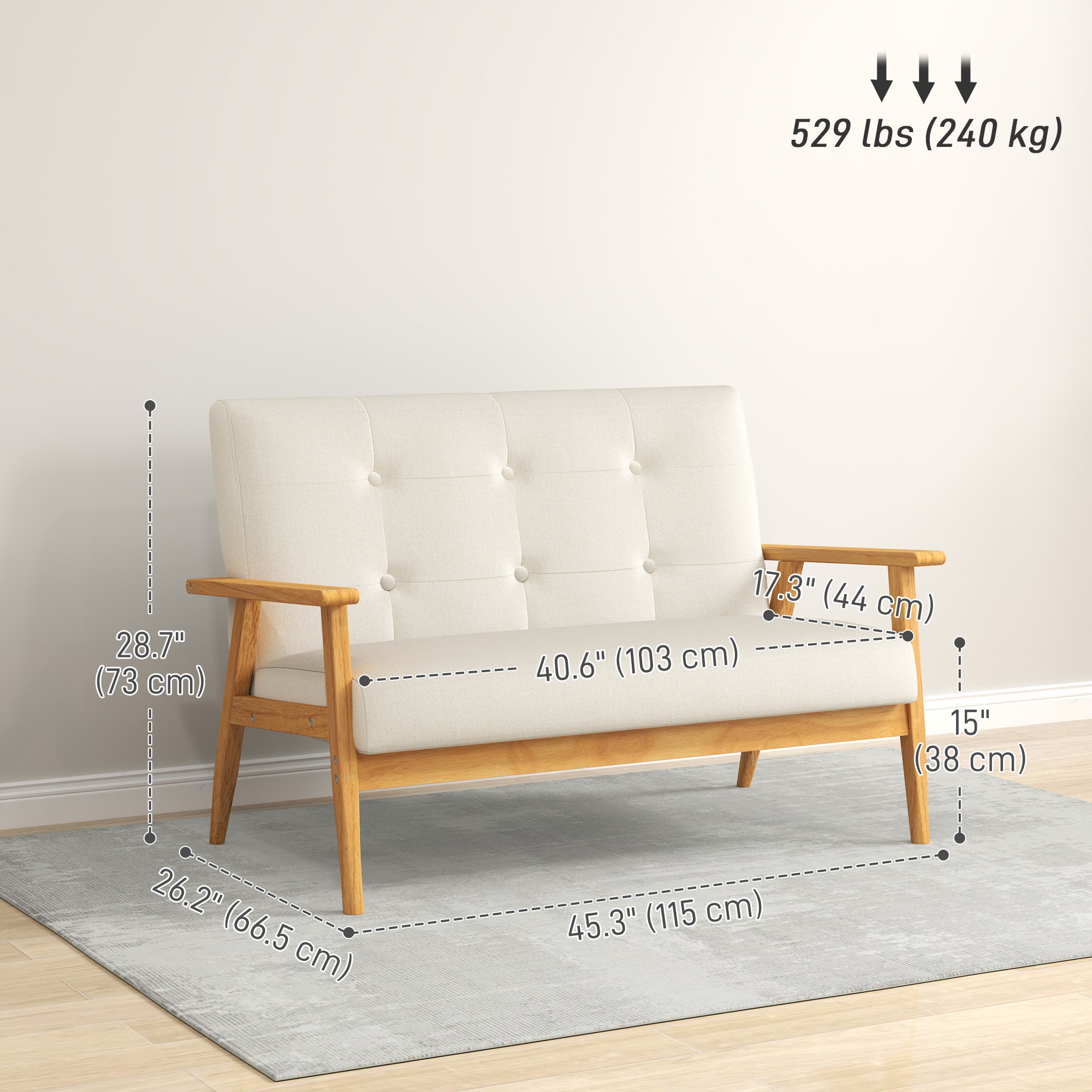 HOMCOM 45" Loveseat Sofa for Bedroom, Modern Love Seats Furniture, Upholstered 2 Seater Couch with Rubber Wood Legs for Living Room, Beige