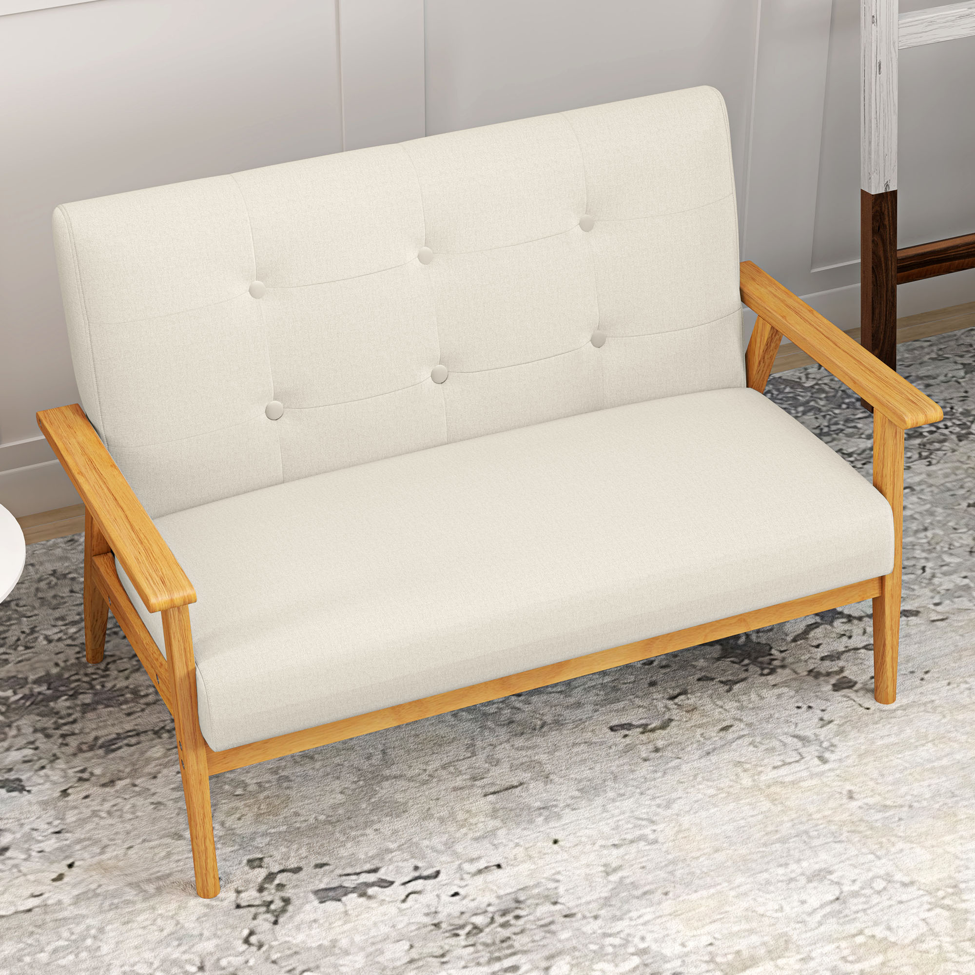 HOMCOM 45" Loveseat Sofa for Bedroom, Modern Love Seats Furniture, Upholstered 2 Seater Couch with Rubber Wood Legs for Living Room, Beige
