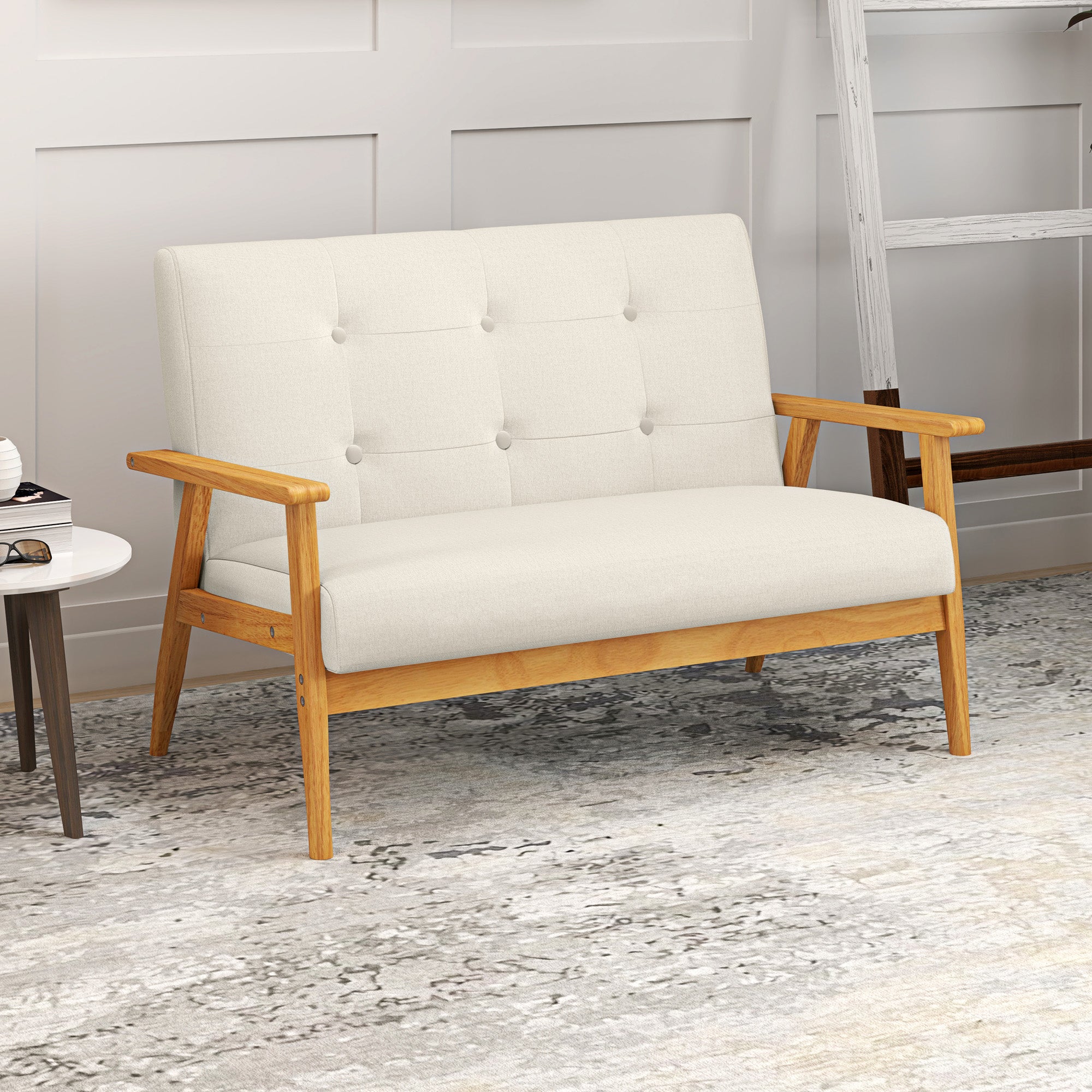 HOMCOM 45" Loveseat Sofa for Bedroom, Modern Love Seats Furniture, Upholstered 2 Seater Couch with Rubber Wood Legs for Living Room, Beige