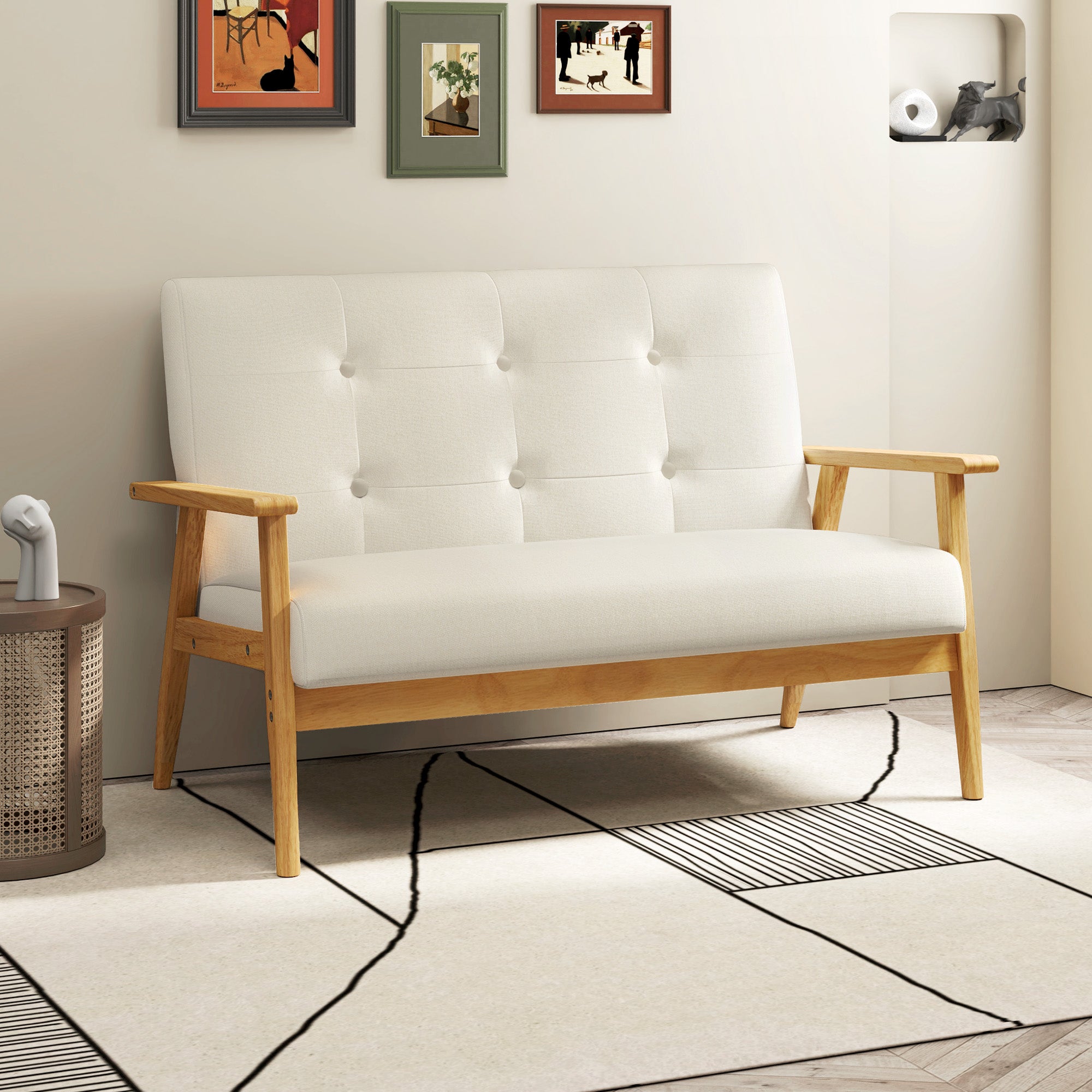 HOMCOM 45" Loveseat Sofa for Bedroom, Modern Love Seats Furniture, Upholstered 2 Seater Couch with Rubber Wood Legs for Living Room, Beige