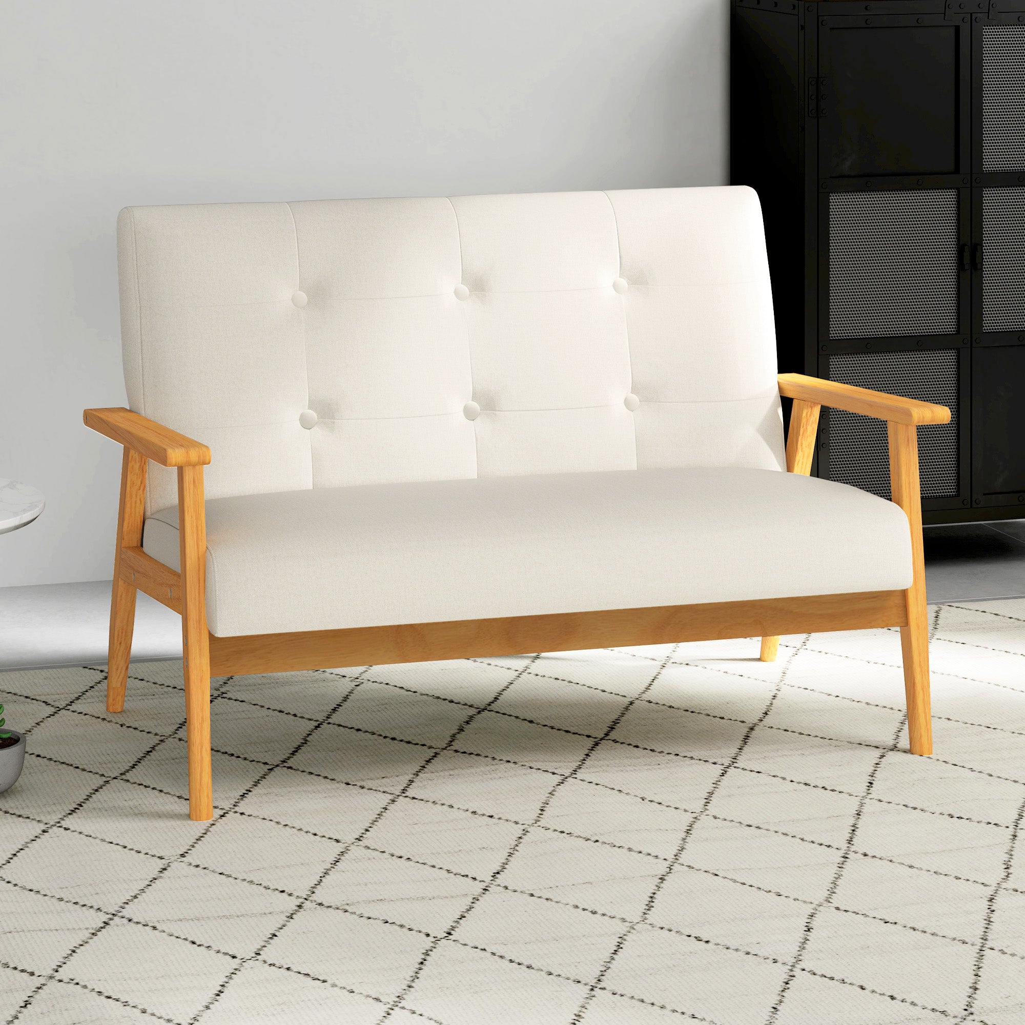 HOMCOM 45" Loveseat Sofa for Bedroom, Modern Love Seats Furniture, Upholstered 2 Seater Couch with Rubber Wood Legs for Living Room, Beige