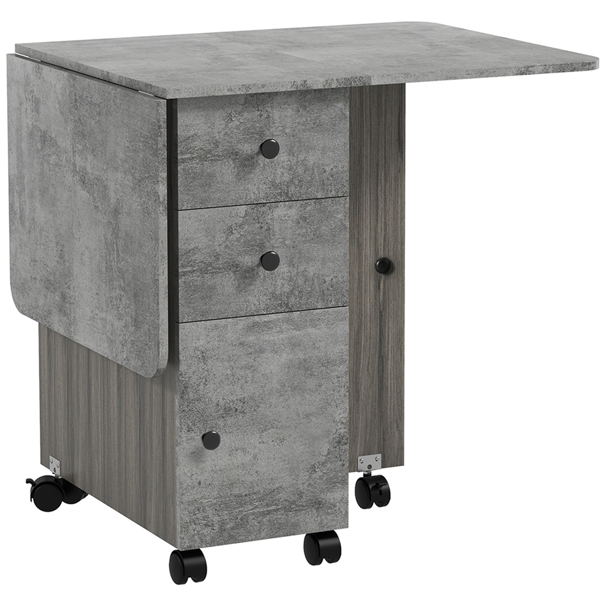 HOMCOM Folding Dining Table for 4-6, Rolling Drop Leaf Table on Wheels with Storage Drawers, Cabinet and Open Shelf for Kitchen, Dining Room, Grey Marble Effect