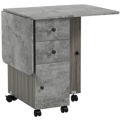 HOMCOM Folding Dining Table for 4-6, Rolling Drop Leaf Table on Wheels with Storage Drawers, Cabinet and Open Shelf for Kitchen, Dining Room, Grey Marble Effect