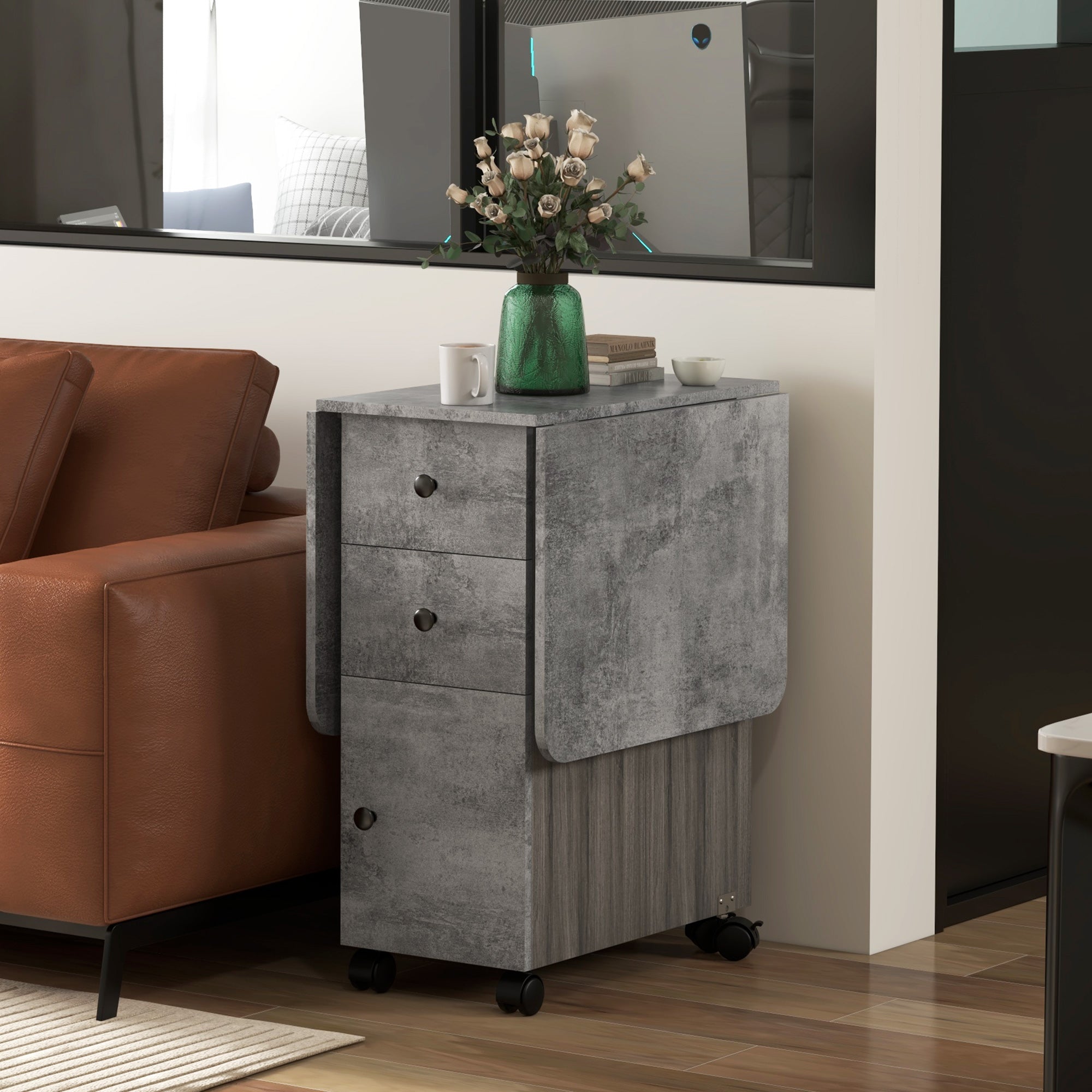 HOMCOM Folding Dining Table for 4-6, Rolling Drop Leaf Table on Wheels with Storage Drawers, Cabinet and Open Shelf for Kitchen, Dining Room, Grey Marble Effect