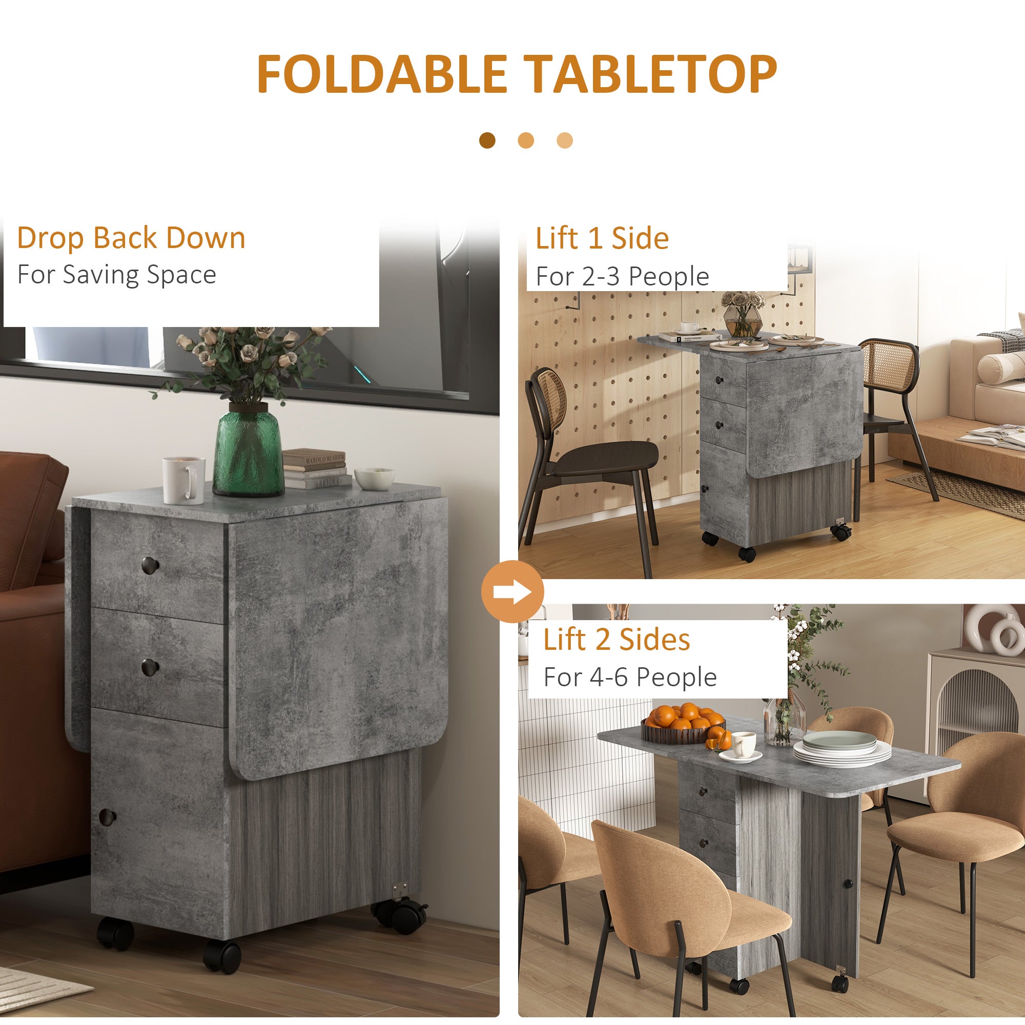 HOMCOM Folding Dining Table for 4-6, Rolling Drop Leaf Table on Wheels with Storage Drawers, Cabinet and Open Shelf for Kitchen, Dining Room, Grey Marble Effect