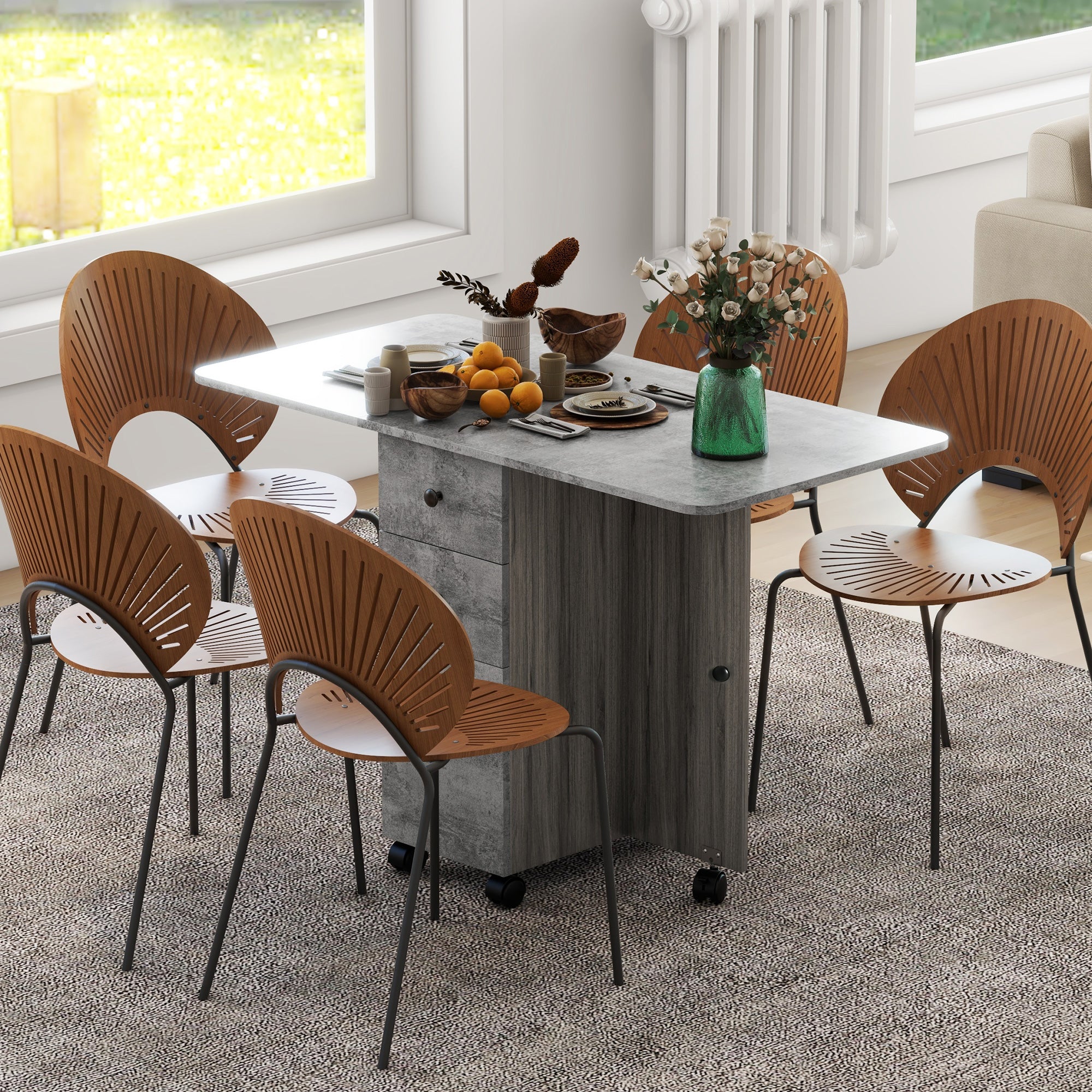 HOMCOM Folding Dining Table for 4-6, Rolling Drop Leaf Table on Wheels with Storage Drawers, Cabinet and Open Shelf for Kitchen, Dining Room, Grey Marble Effect