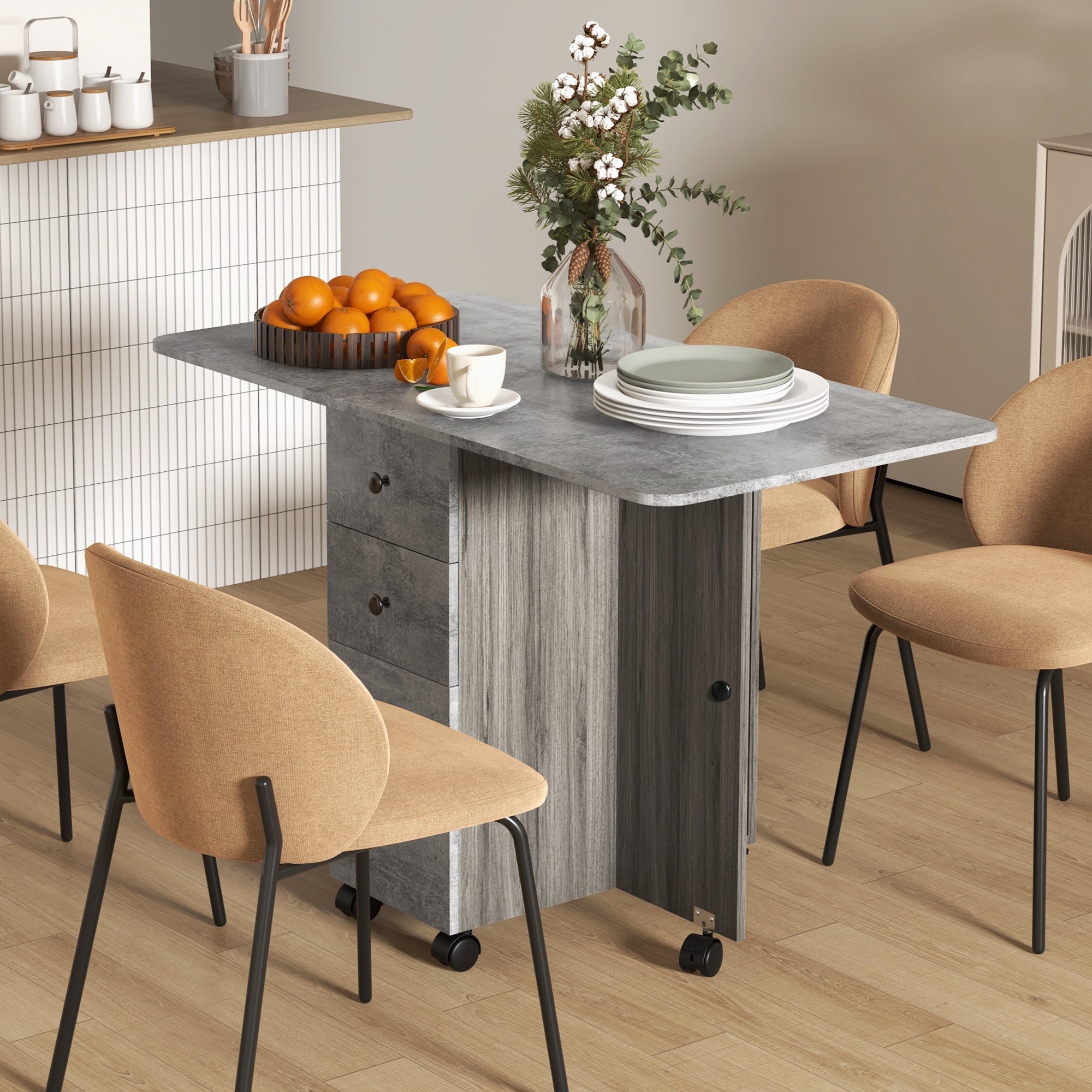 HOMCOM Folding Dining Table for 4-6, Rolling Drop Leaf Table on Wheels with Storage Drawers, Cabinet and Open Shelf for Kitchen, Dining Room, Grey Marble Effect