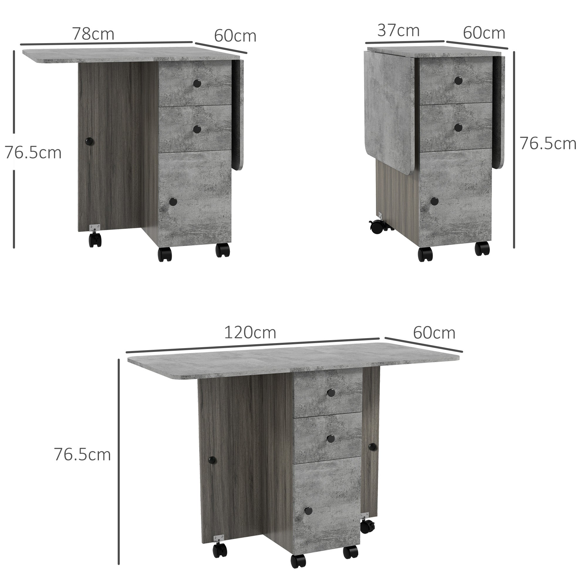 HOMCOM Folding Dining Table for 4-6, Rolling Drop Leaf Table on Wheels with Storage Drawers, Cabinet and Open Shelf for Kitchen, Dining Room, Grey Marble Effect