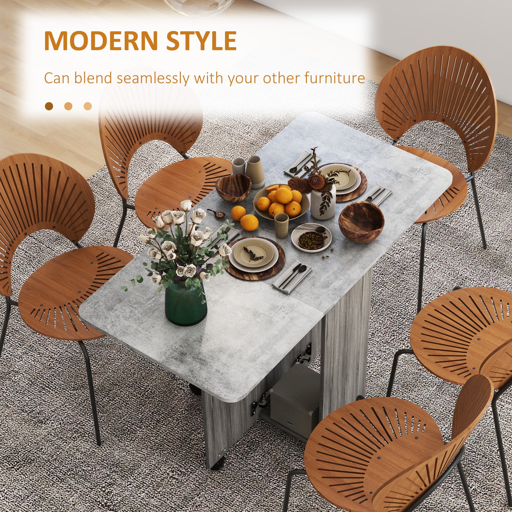 HOMCOM Folding Dining Table for 4-6, Rolling Drop Leaf Table on Wheels with Storage Drawers, Cabinet and Open Shelf for Kitchen, Dining Room, Grey Marble Effect