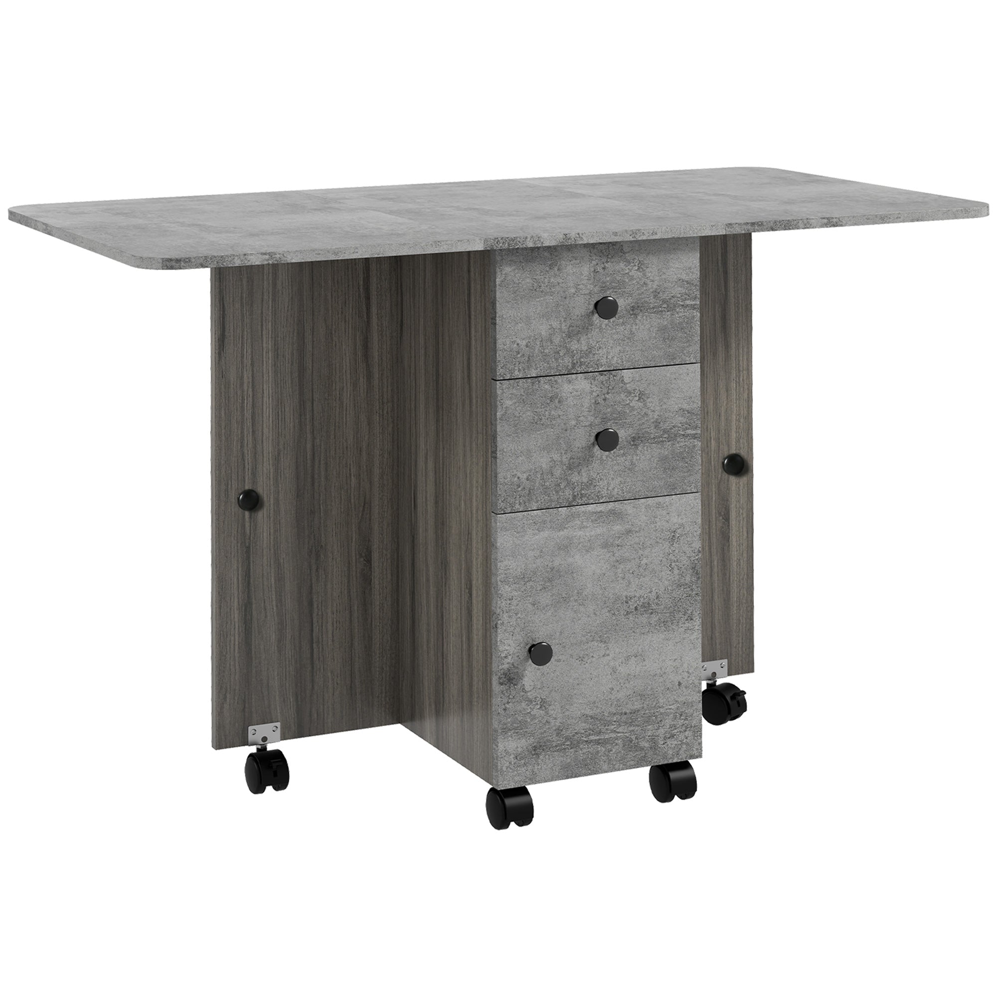 HOMCOM Folding Dining Table for 4-6, Rolling Drop Leaf Table on Wheels with Storage Drawers, Cabinet and Open Shelf for Kitchen, Dining Room, Grey Marble Effect