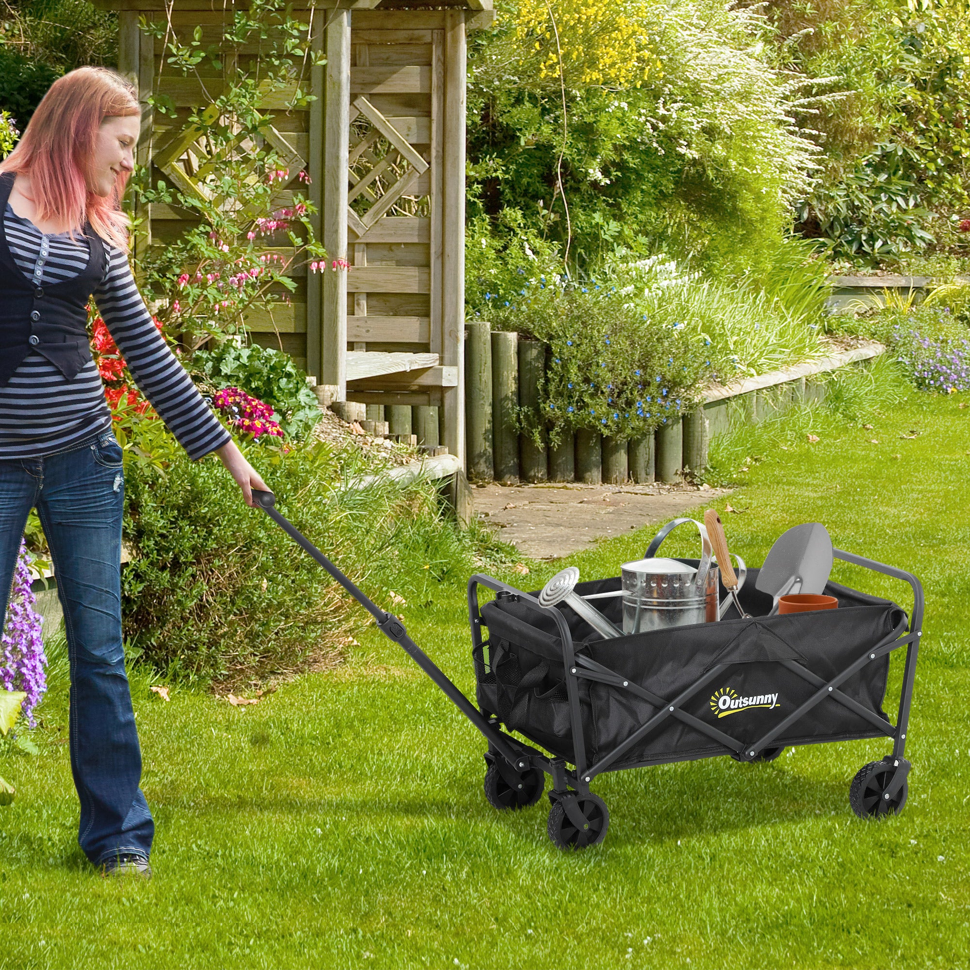 Outsunny Collapsible Folding Wagon Cart, Heavy Duty Outdoor Utility Garden Cart with Universal Wheels and Adjustable Handle for Sports, Camping, Shopping, Black