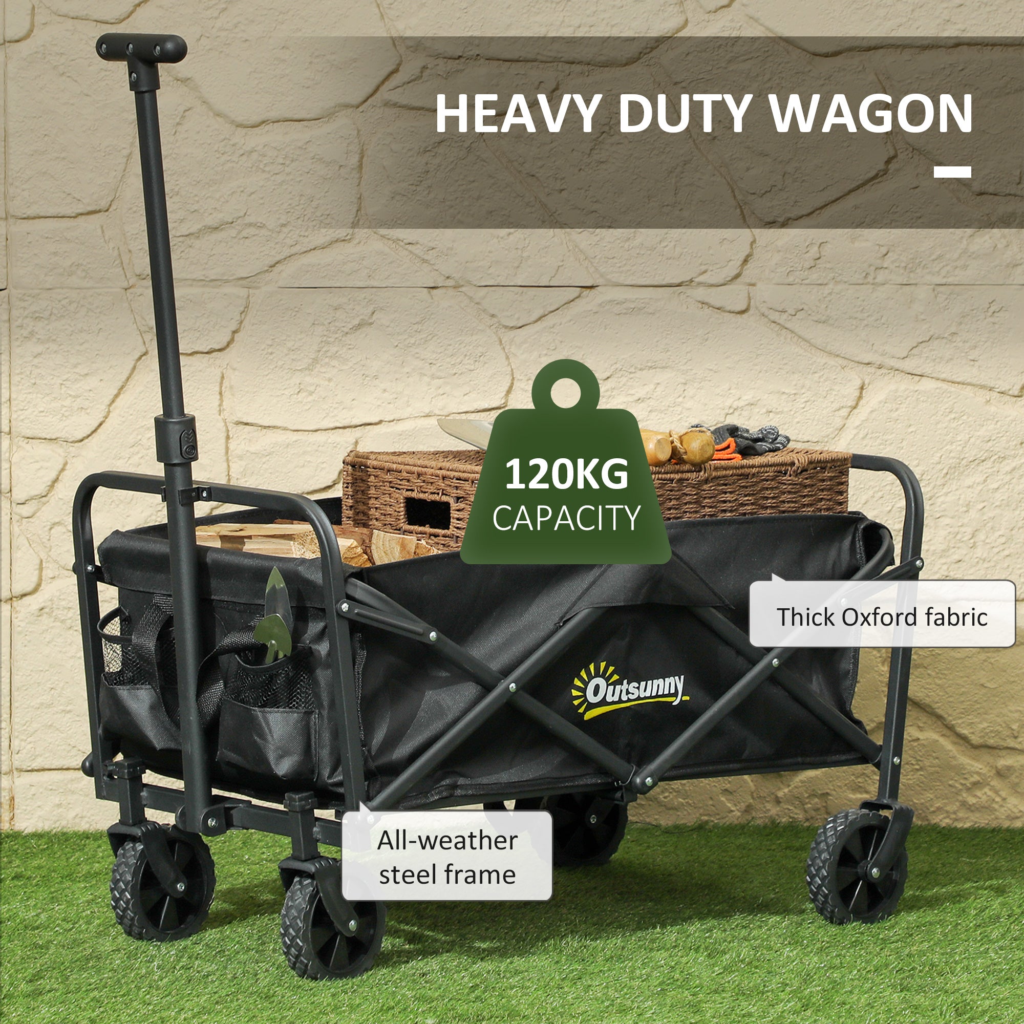 Outsunny Collapsible Folding Wagon Cart, Heavy Duty Outdoor Utility Garden Cart with Universal Wheels and Adjustable Handle for Sports, Camping, Shopping, Black
