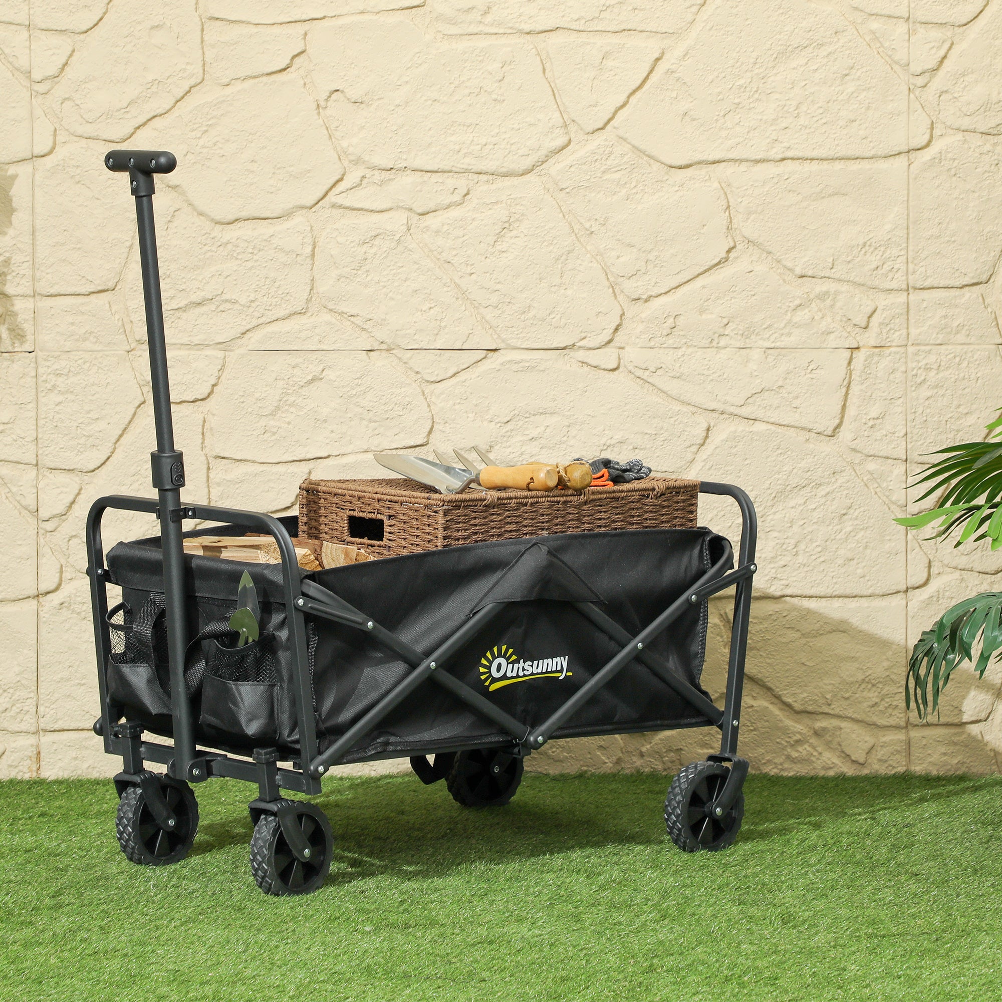 Outsunny Collapsible Folding Wagon Cart, Heavy Duty Outdoor Utility Garden Cart with Universal Wheels and Adjustable Handle for Sports, Camping, Shopping, Black