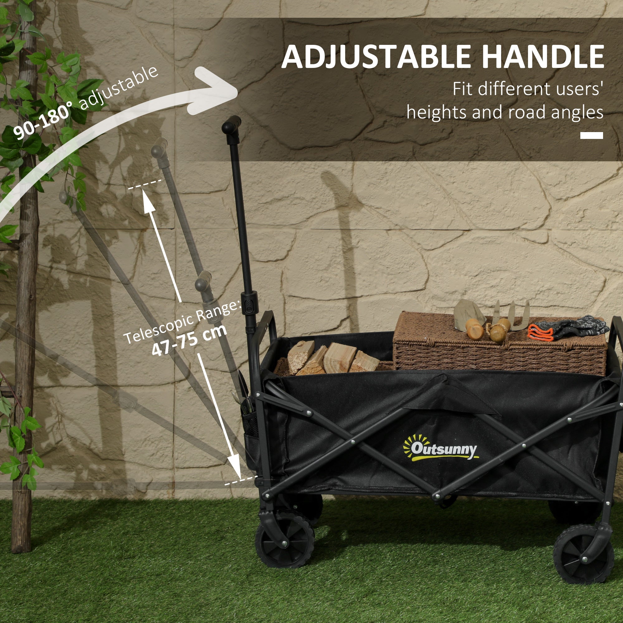 Outsunny Collapsible Folding Wagon Cart, Heavy Duty Outdoor Utility Garden Cart with Universal Wheels and Adjustable Handle for Sports, Camping, Shopping, Black